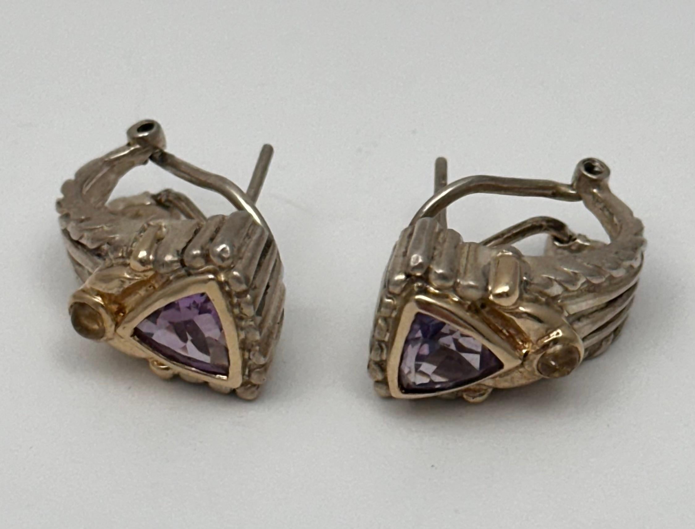 Artisan 14kt Yellow Gold & Sterling Silver .925 Amethyst & Citrine Leverback Earrings For Sale