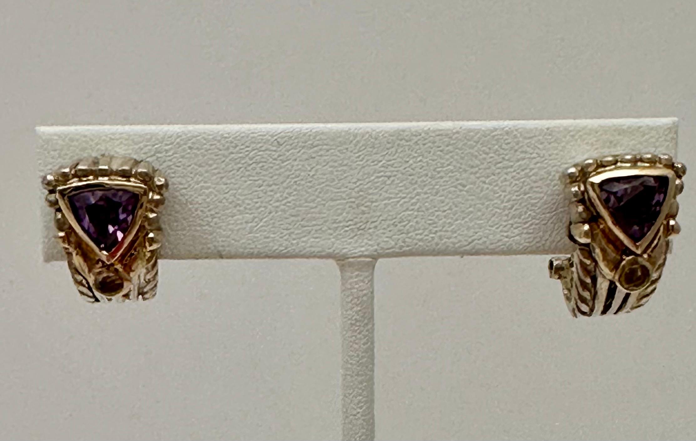 14kt Yellow Gold & Sterling Silver .925 Amethyst & Citrine Leverback Earrings For Sale 3