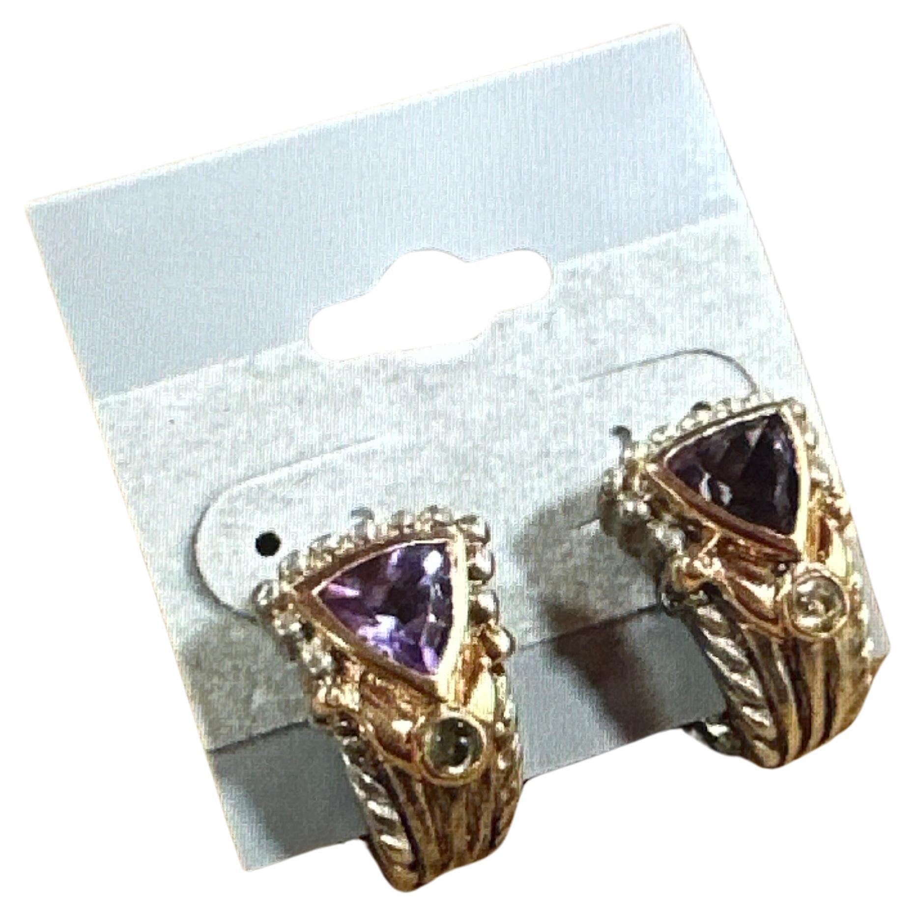14kt Yellow Gold & Sterling Silver .925 Amethyst & Citrine Leverback Earrings For Sale