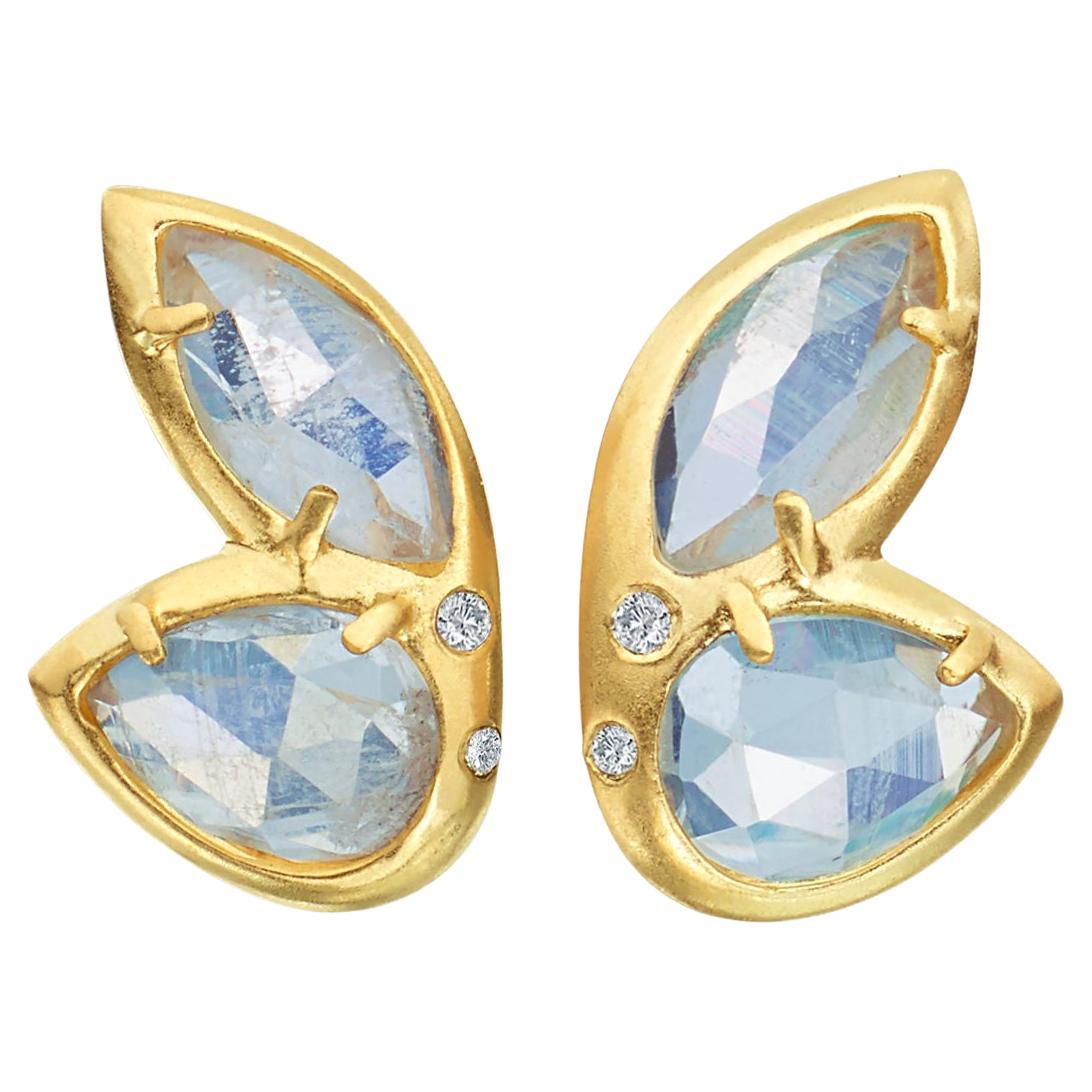 14k Yellow Gold Stud Earrings with Pear & Marquise Shaped Rose Cut Moonstones For Sale