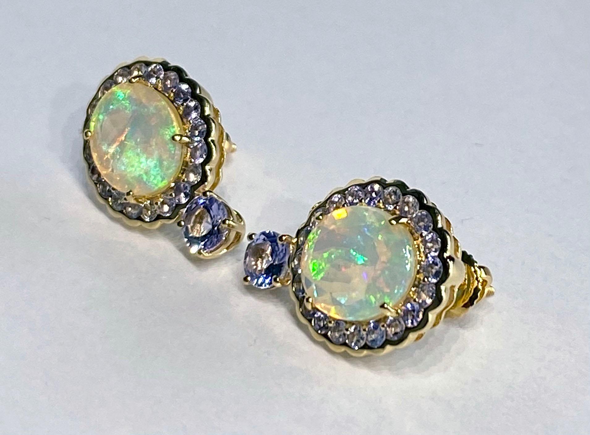 14 Karat Yellow Gold Tanzanite & Opal Earrings For Sale 4