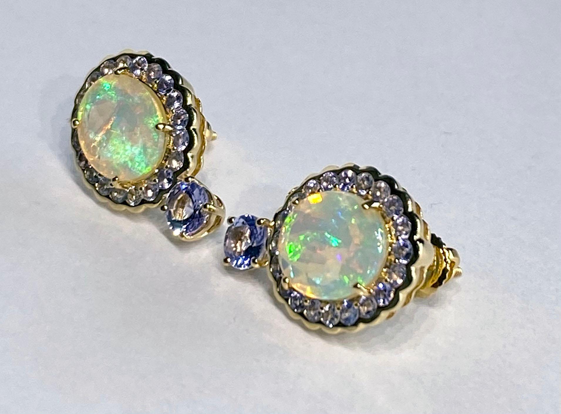 14 Karat Yellow Gold Tanzanite & Opal Earrings For Sale 5