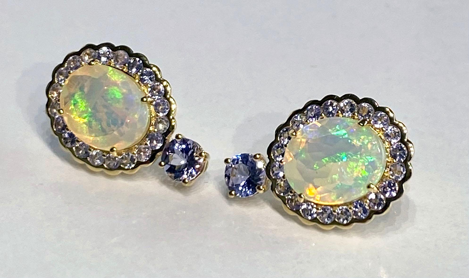 14 Karat Yellow Gold Tanzanite & Opal Earrings For Sale 6