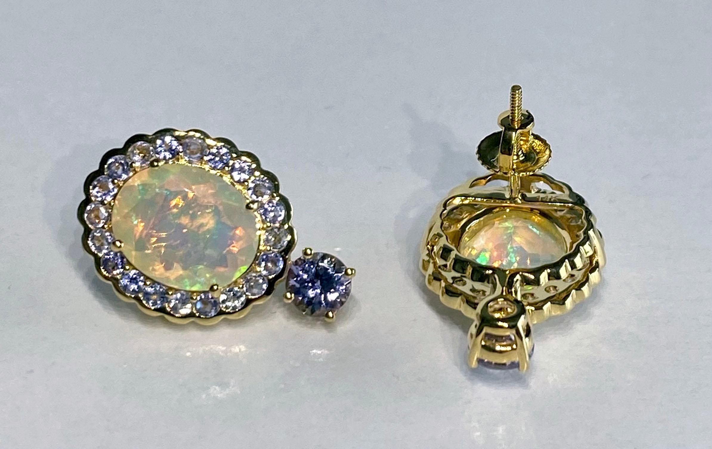 14 Karat Yellow Gold Tanzanite & Opal Earrings For Sale 7