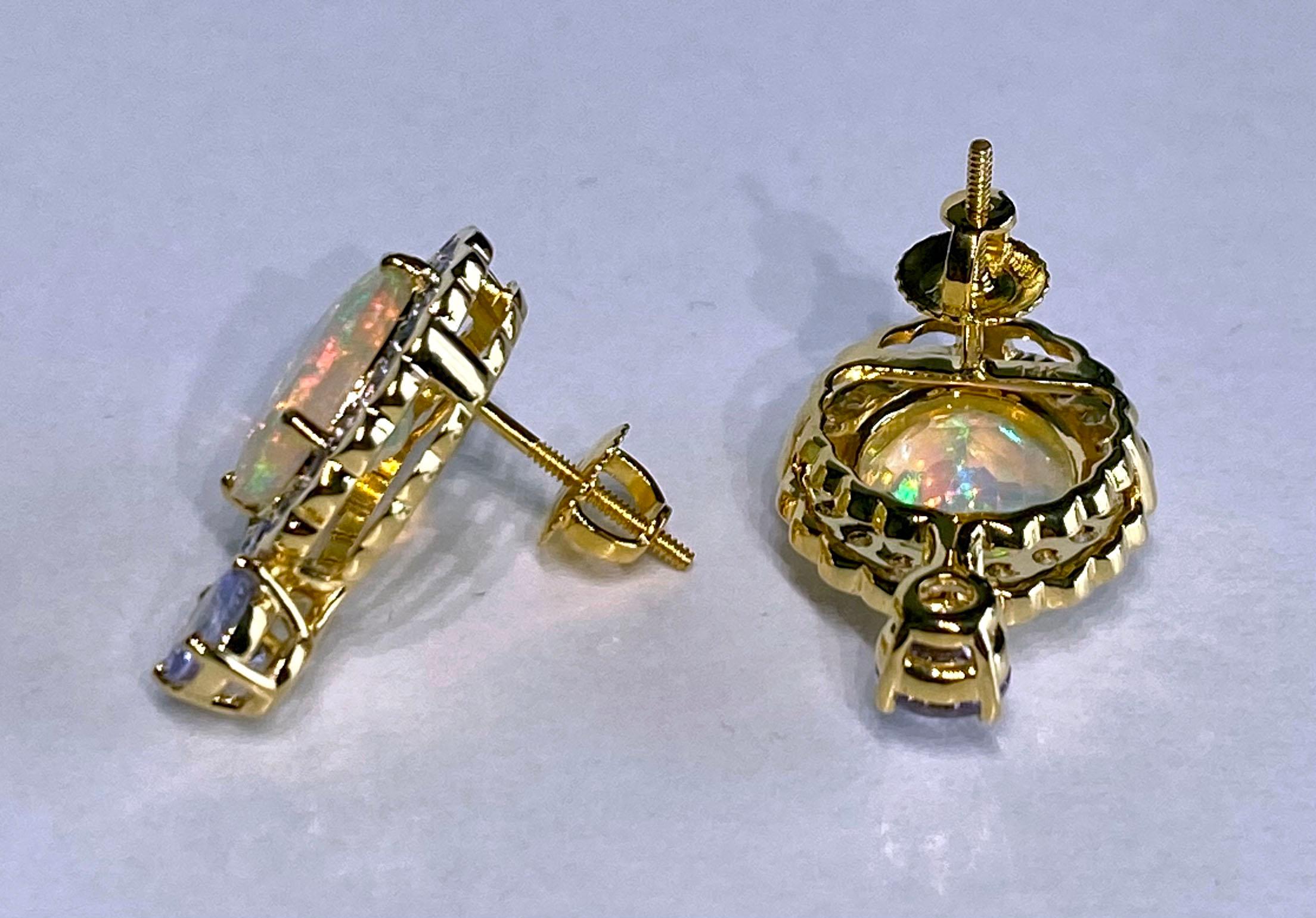14 Karat Yellow Gold Tanzanite & Opal Earrings For Sale 8