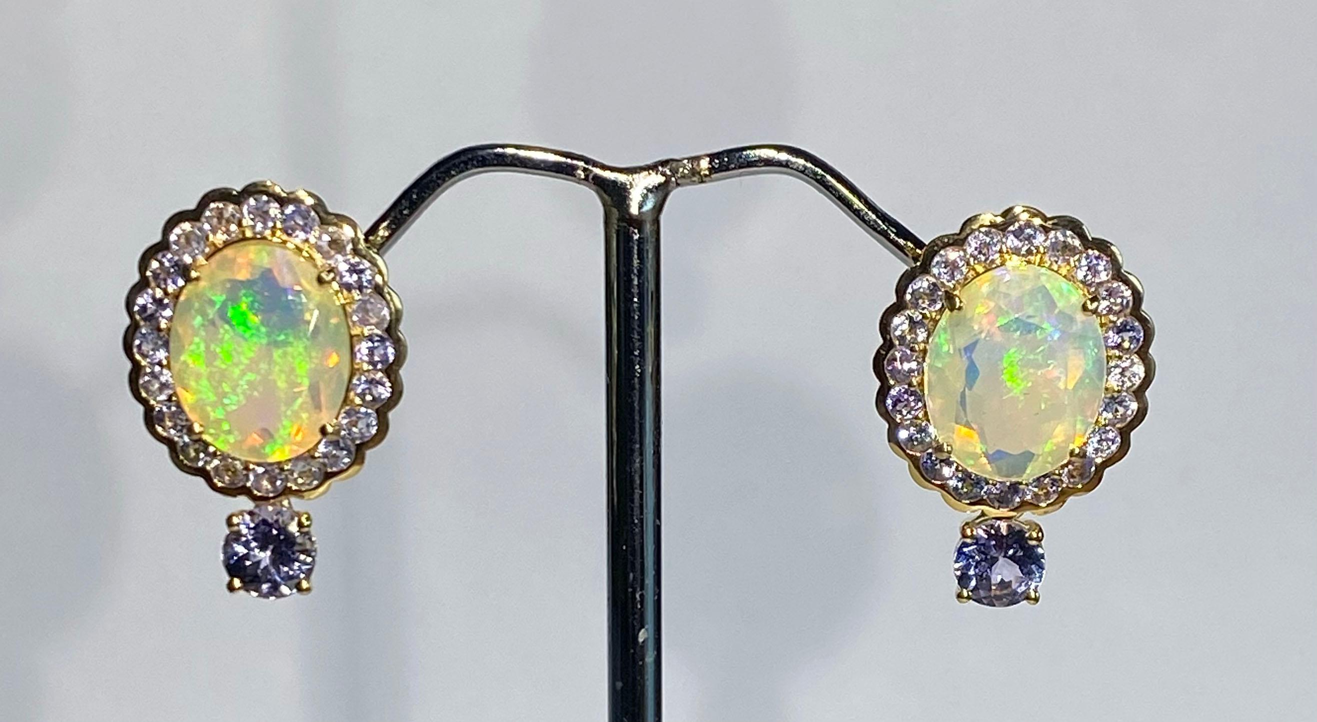 14 Karat Yellow Gold Tanzanite & Opal Earrings For Sale 9
