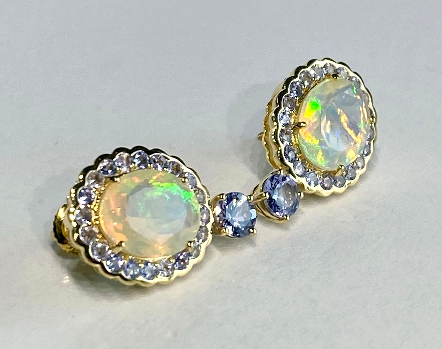 14 Karat Yellow Gold Tanzanite & Opal Earrings For Sale 10