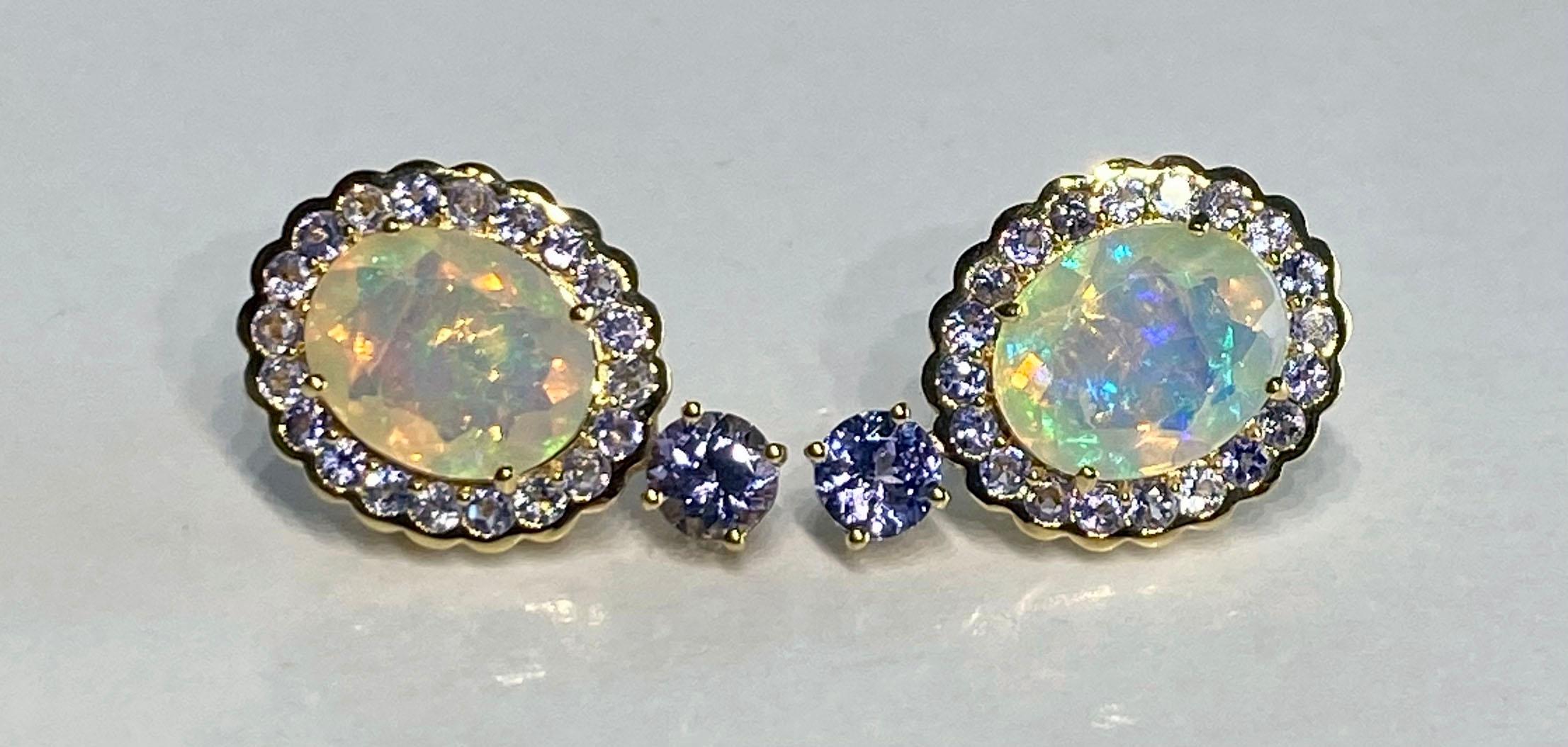 Artisan 14 Karat Yellow Gold Tanzanite & Opal Earrings For Sale