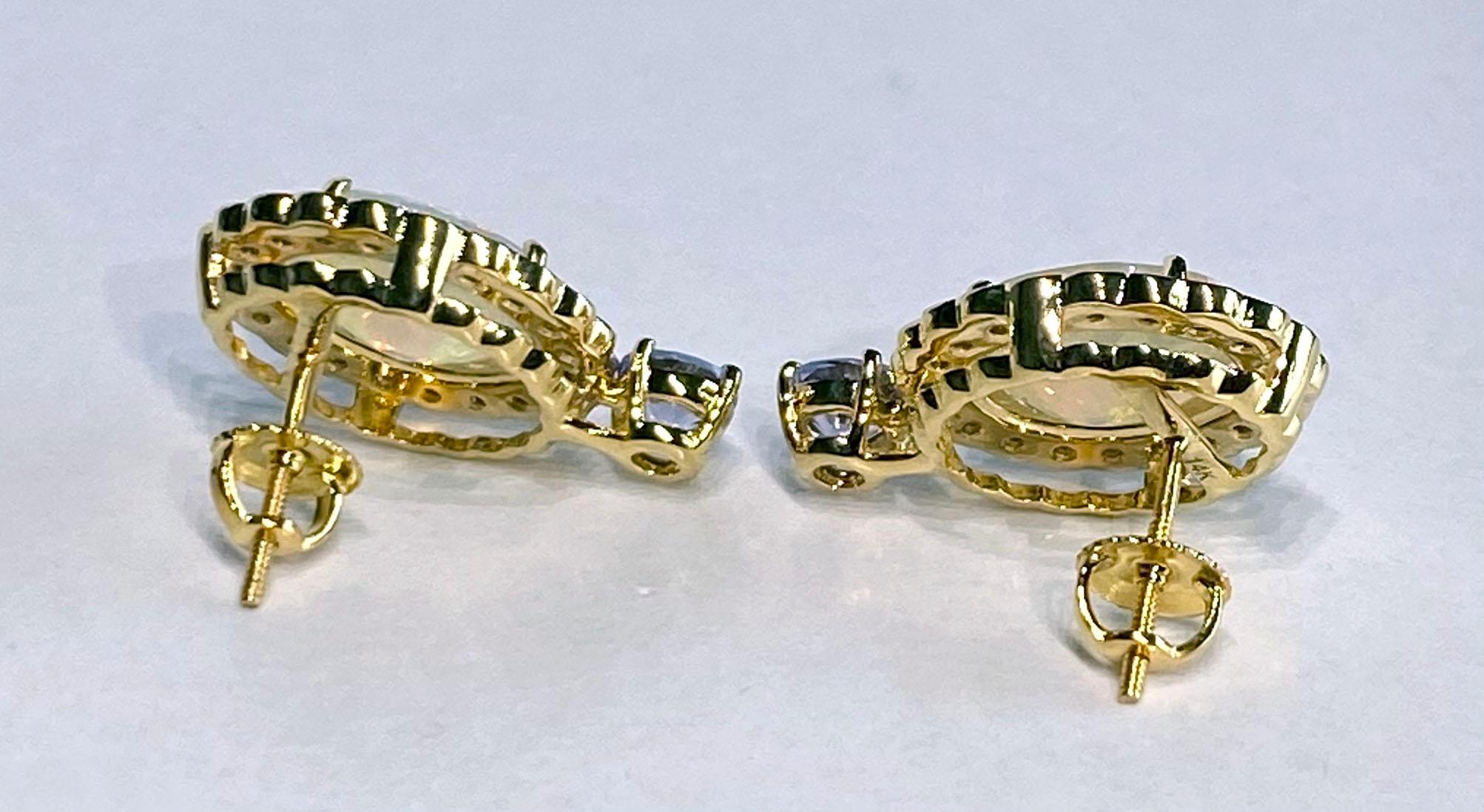 Women's 14 Karat Yellow Gold Tanzanite & Opal Earrings For Sale