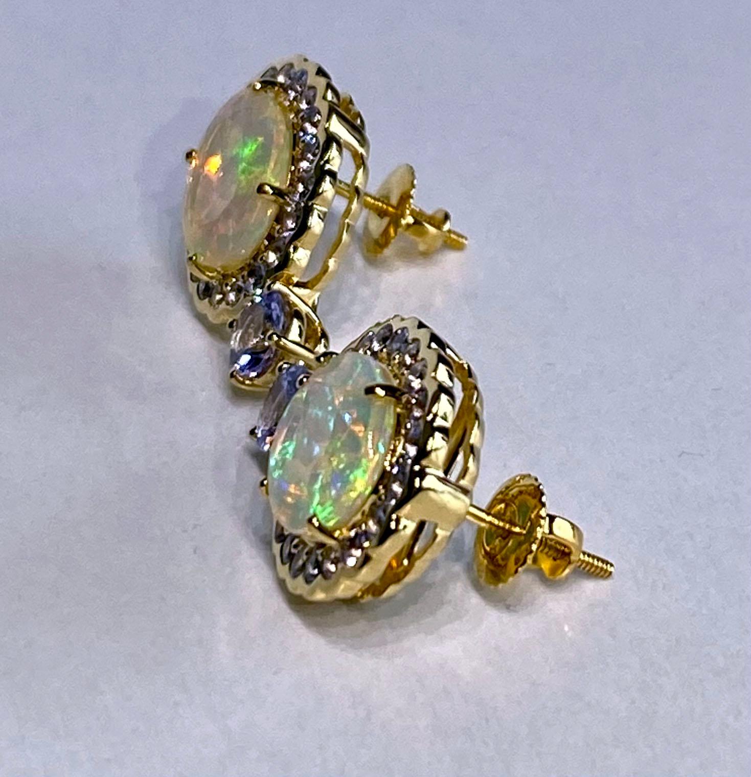 14 Karat Yellow Gold Tanzanite & Opal Earrings For Sale 3