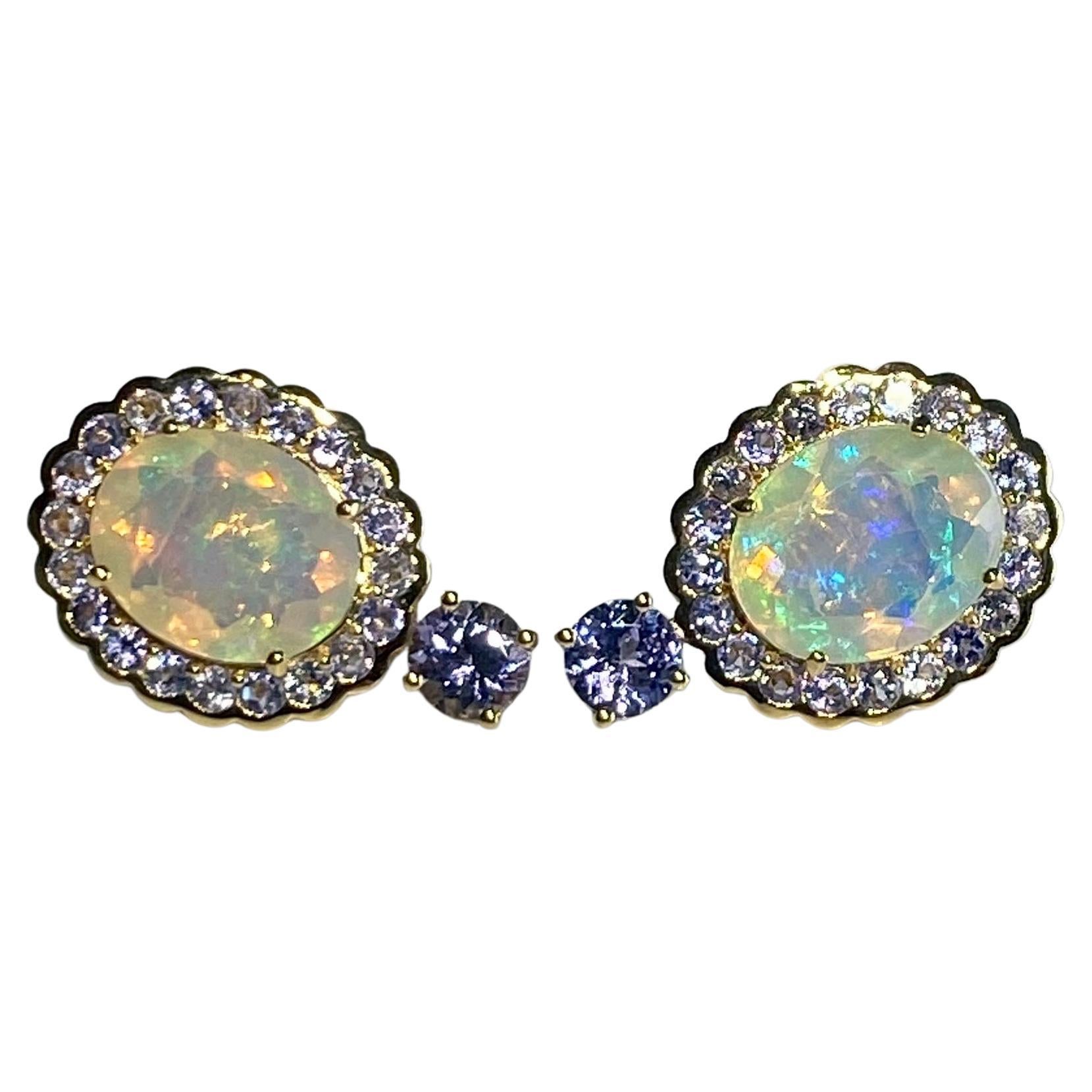 14 Karat Yellow Gold Tanzanite & Opal Earrings