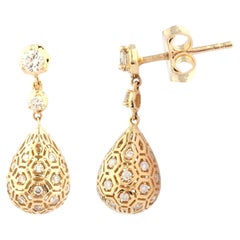 14KT Yellow Gold Teardrop Dangle Earrings with Honeycomb Filigree Design