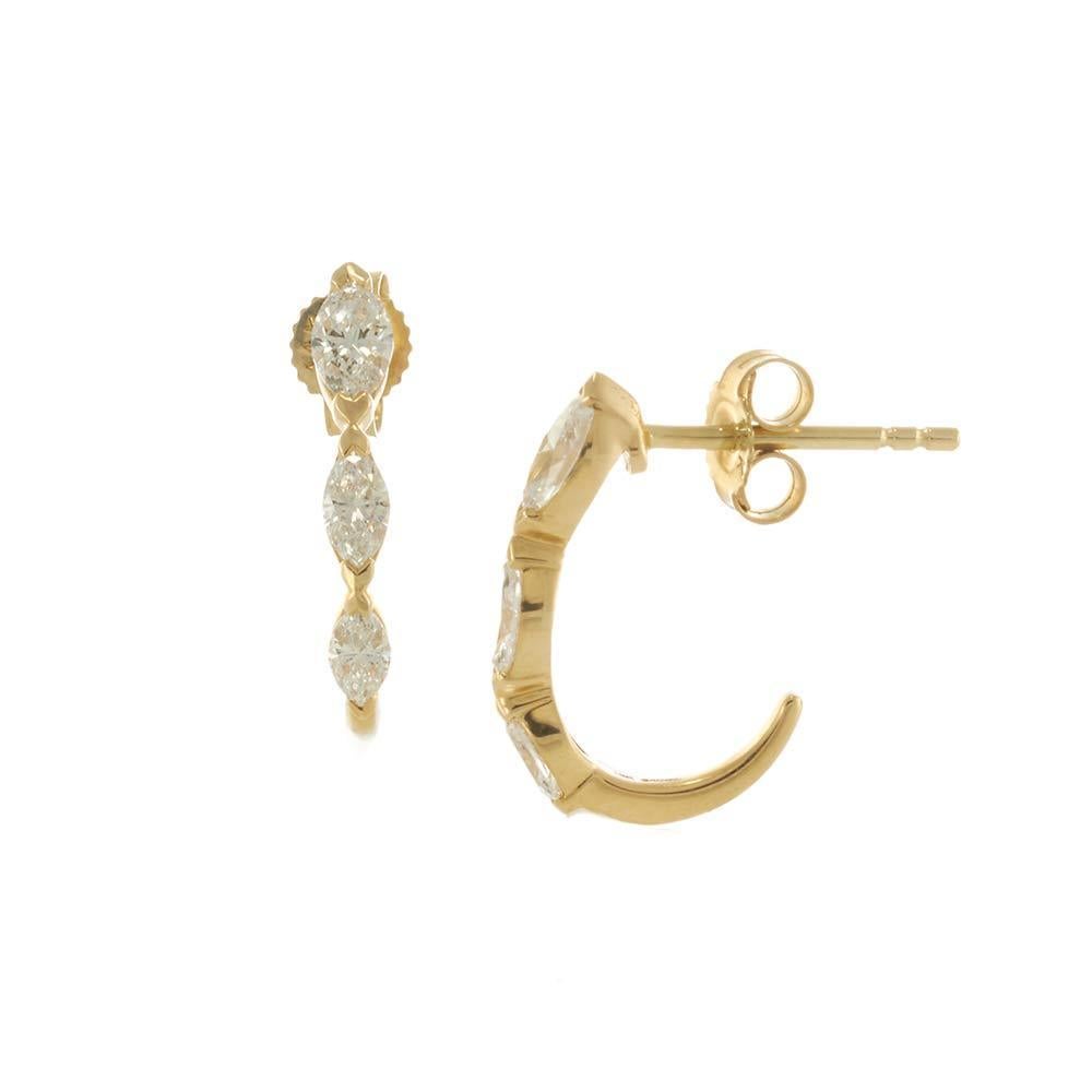 Pendientes Huggie de Diamantes Marquesa de Oro Amarillo de 14 KT con Tres Piedras Corte marquesa en venta