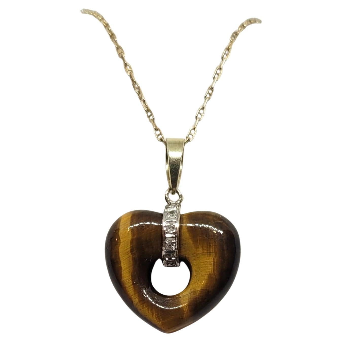 Cuore in oro giallo 14kt con occhio di tigre e diamanti, oro bicolore, 5 diamanti rotondi