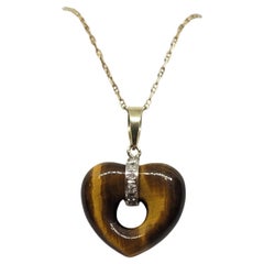 14kt Yellow Gold Tigers Eye Heart with Diamonds, Two Tone Gold, 5 Round Diamonds