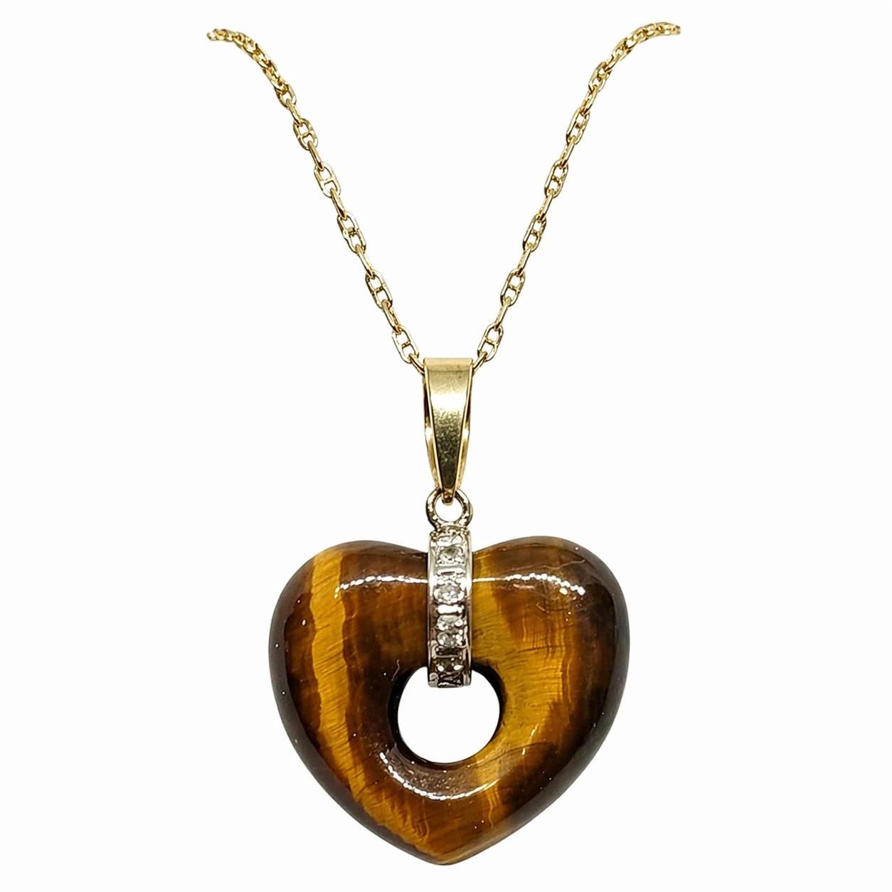 Corazón de ojo de tigre de oro amarillo de 14 kt con diamantes, oro de dos tonos, 5 diamantes redondos en venta