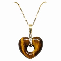 Corazón de ojo de tigre de oro amarillo de 14 kt con diamantes, oro de dos tonos, 5 diamantes redondos