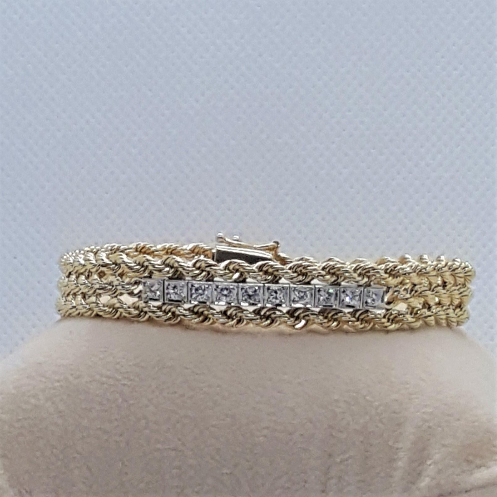 Modern 14kt Yellow Gold Triple Rope Round Brilliant Diamond Bracelet, 10 Diamonds .20ct For Sale