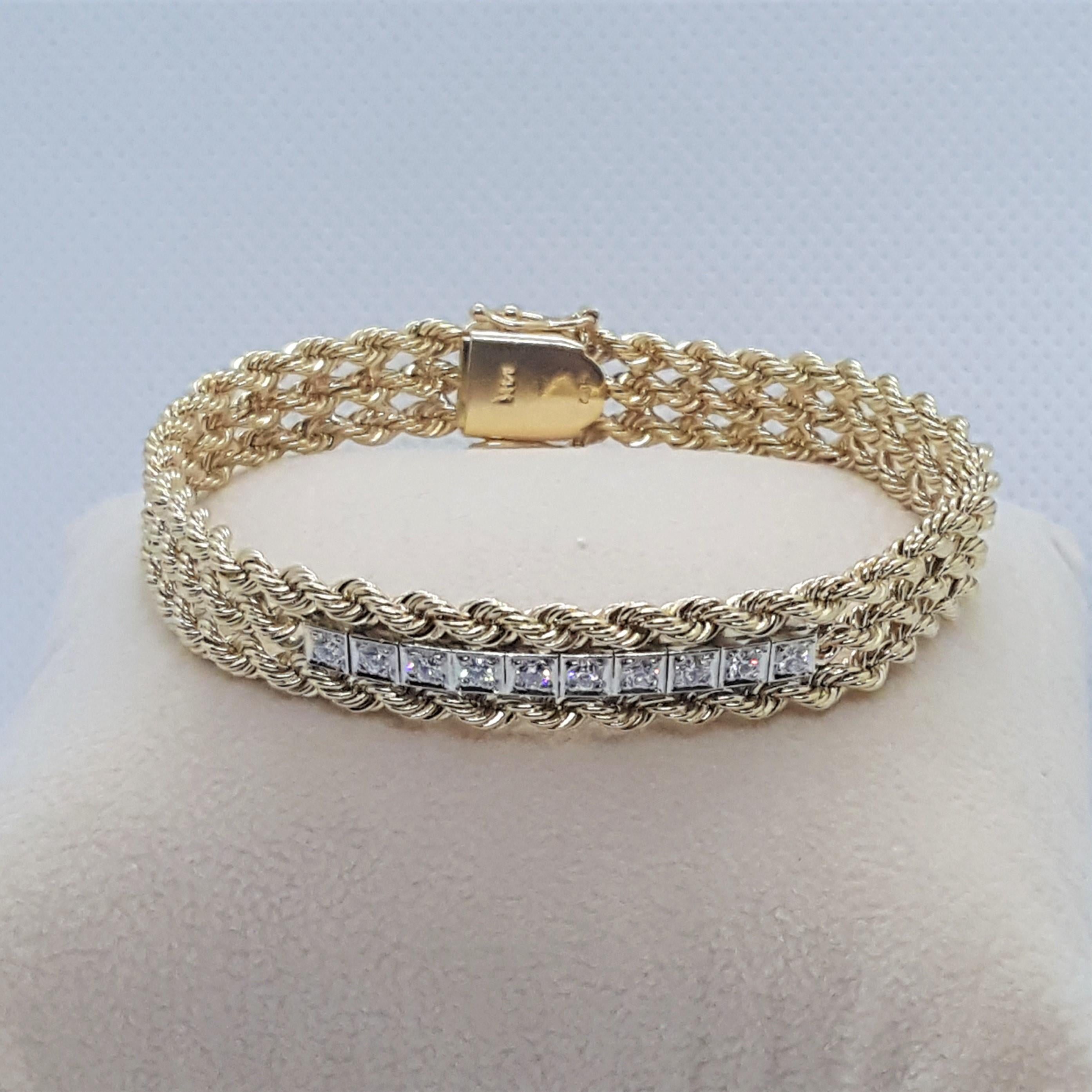 Round Cut 14kt Yellow Gold Triple Rope Round Brilliant Diamond Bracelet, 10 Diamonds .20ct For Sale