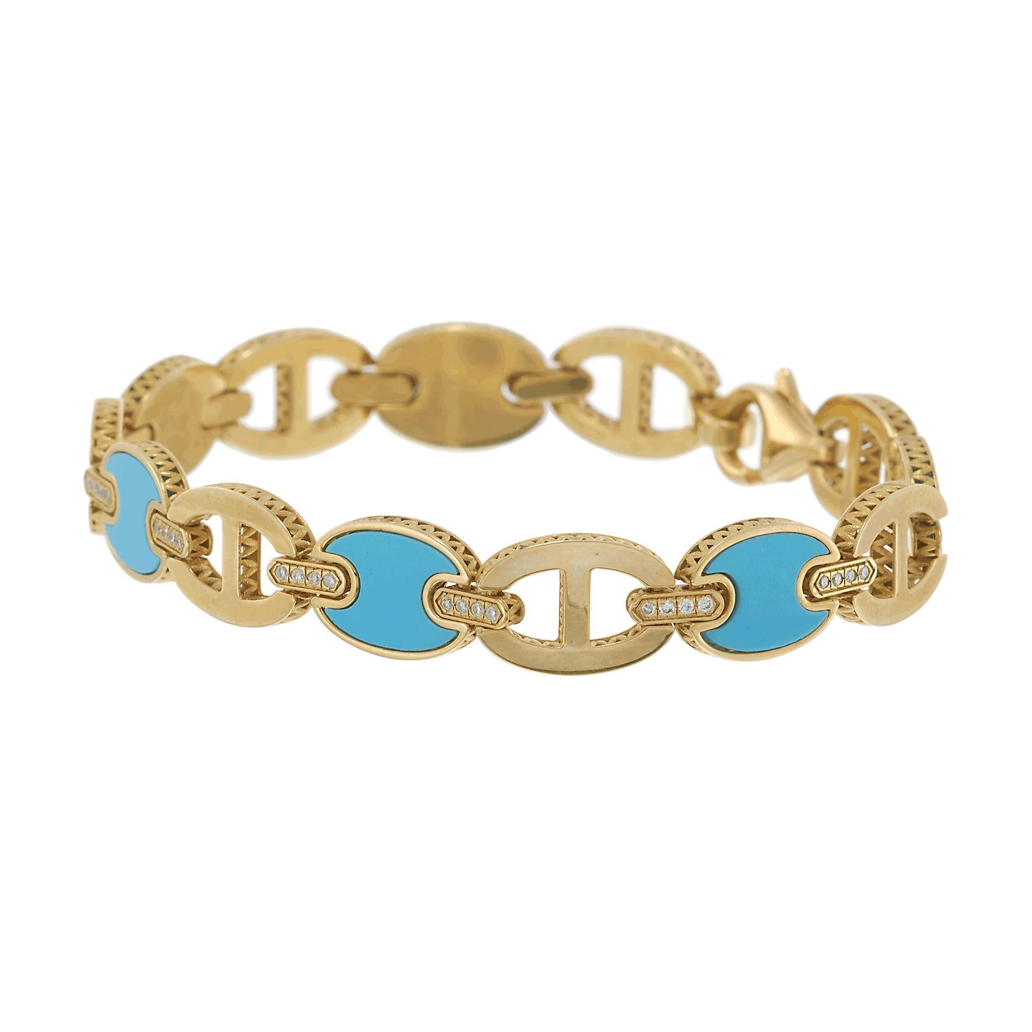 Taglio rotondo Bracciale a maglie ovali in oro giallo 14KT con turchese e diamanti in vendita