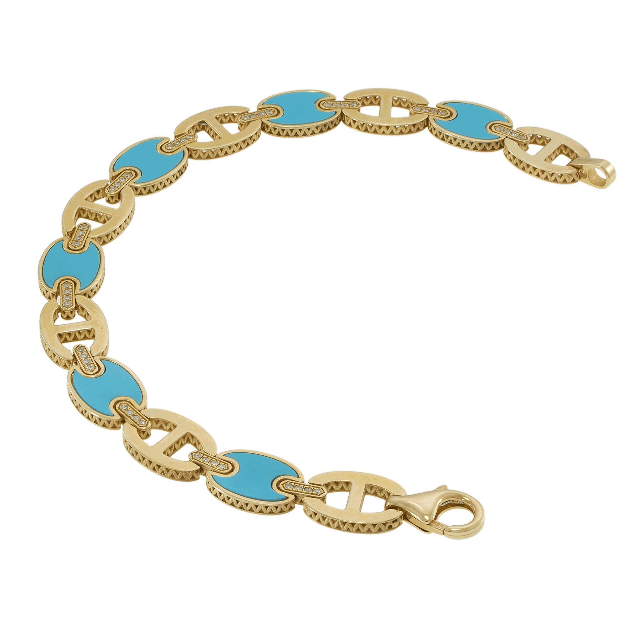 Bracciale a maglie ovali in oro giallo 14KT con turchese e diamanti In condizioni Nuovo in vendita a New York, NY