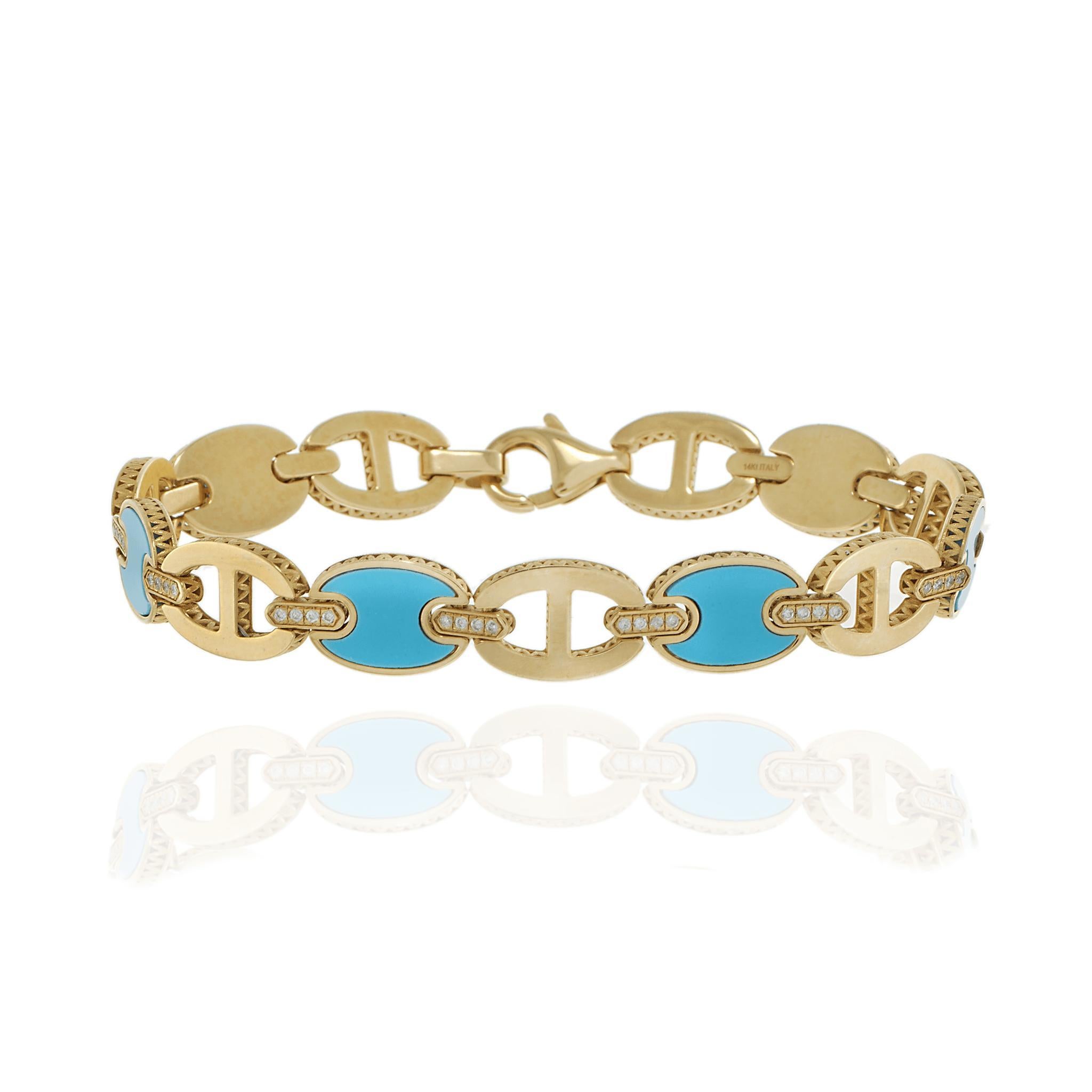 Donna Bracciale a maglie ovali in oro giallo 14KT con turchese e diamanti in vendita