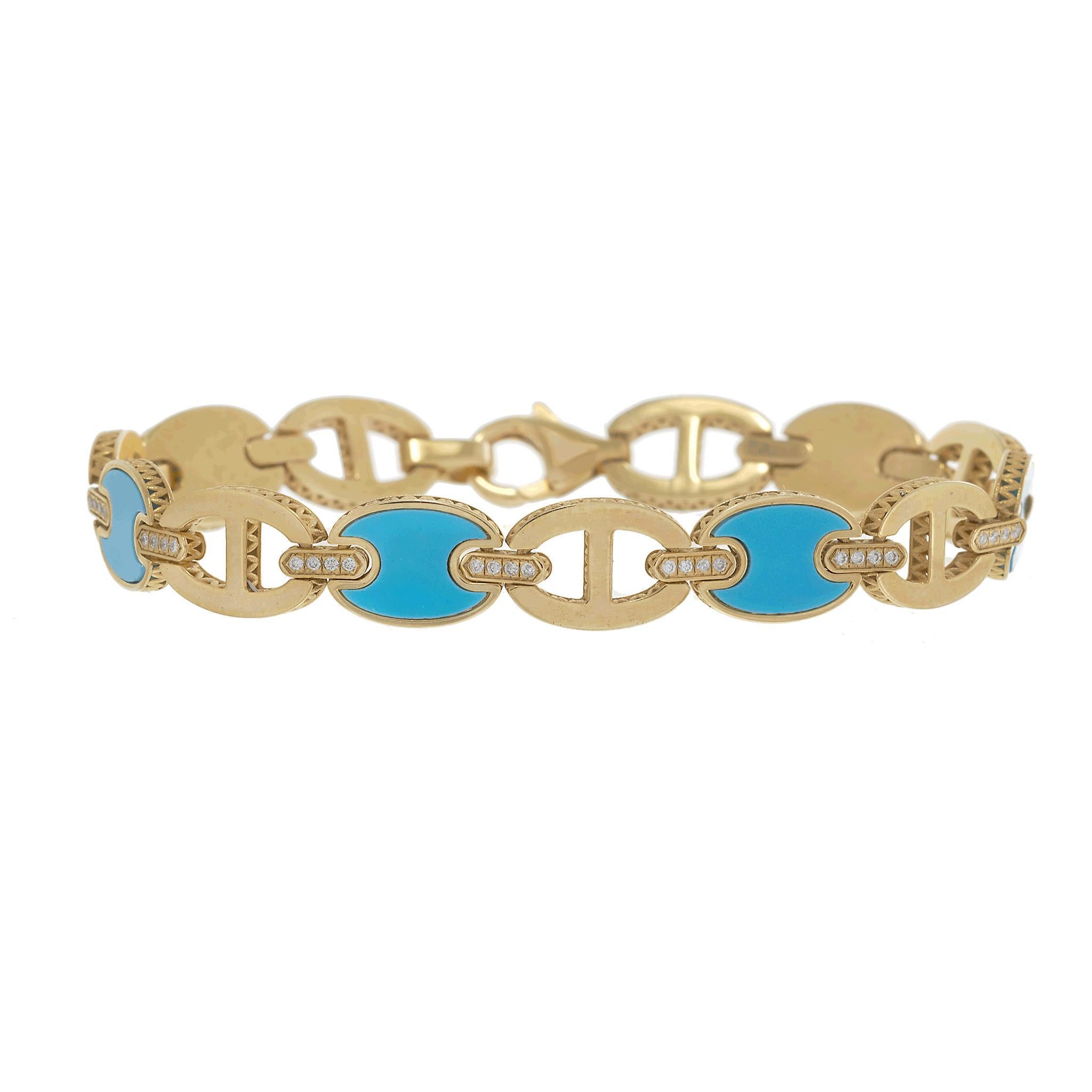 Bracciale a maglie ovali in oro giallo 14KT con turchese e diamanti in vendita 2