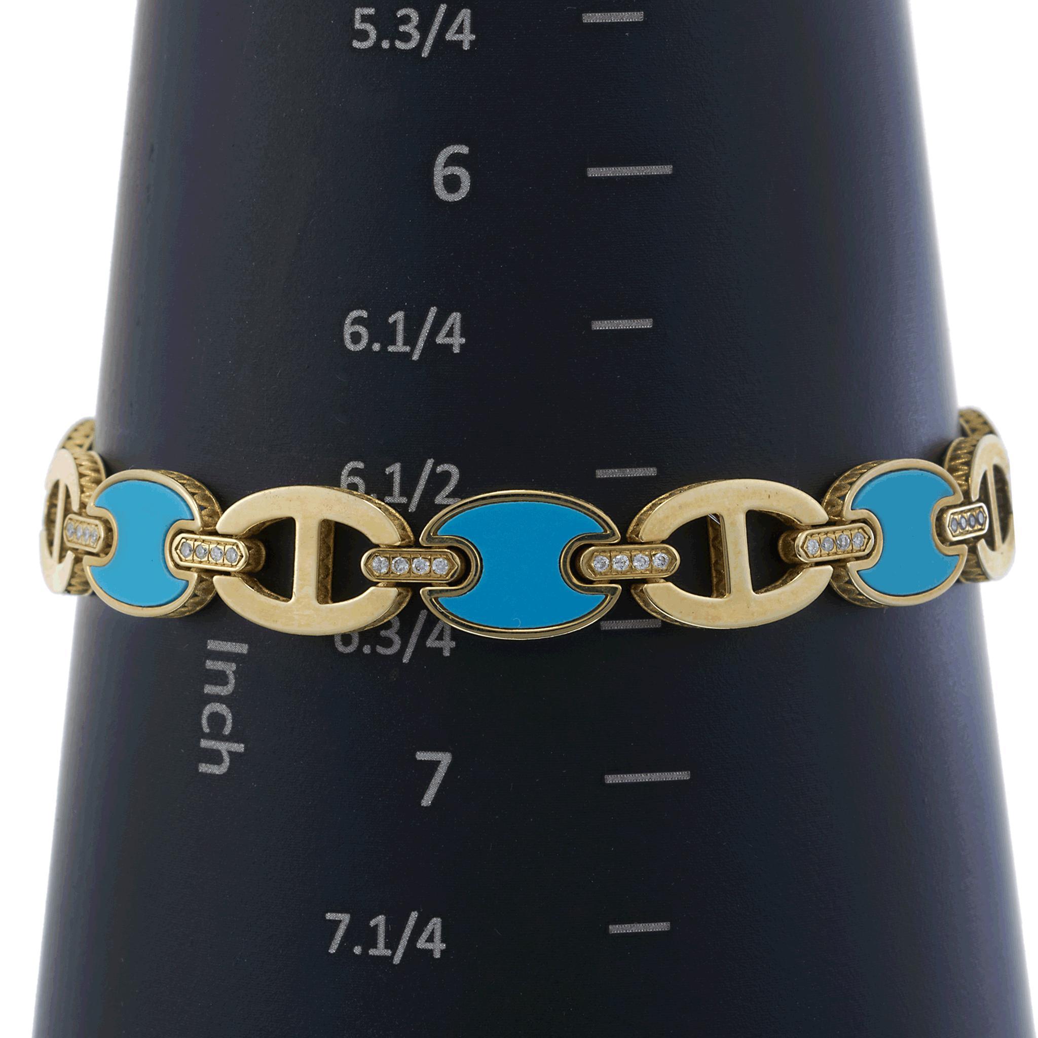 Bracciale a maglie ovali in oro giallo 14KT con turchese e diamanti in vendita 3