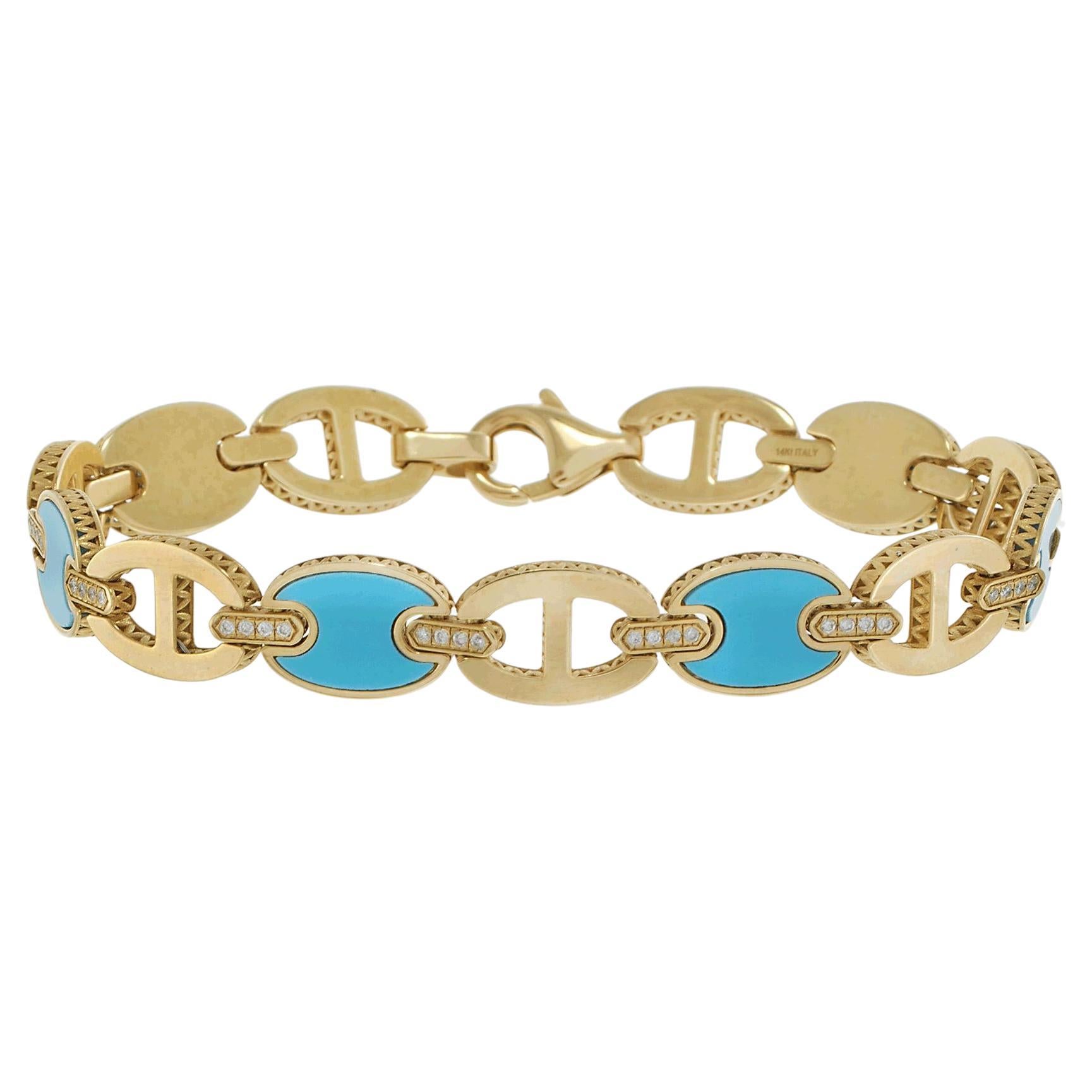 Bracelet à maillons ovales en or jaune 14KT, turquoise et diamants