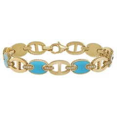 Bracelet à maillons ovales en or jaune 14KT, turquoise et diamants