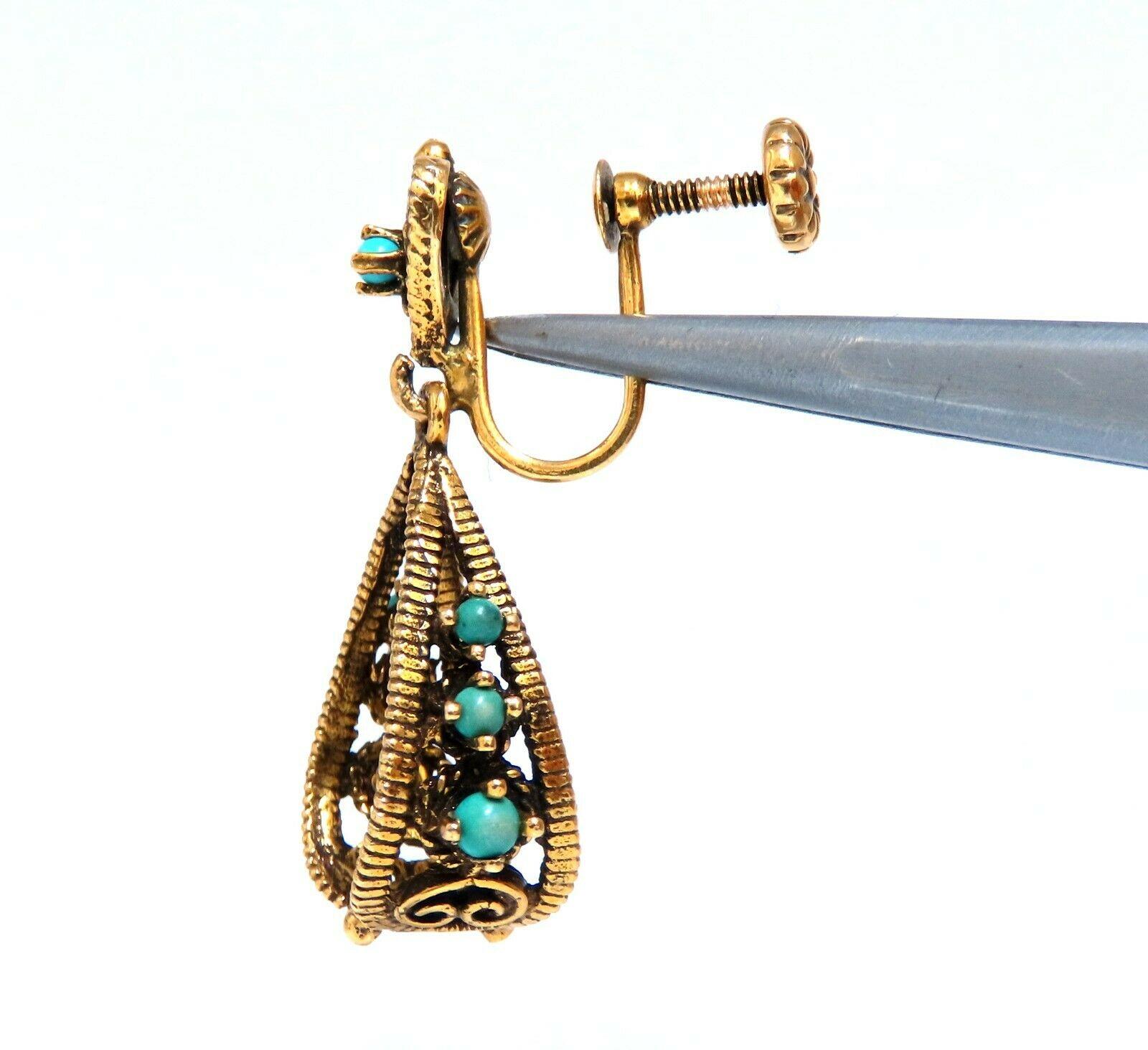 Uncut 14kt Yellow Gold Turquoise Dangle Earrings For Sale