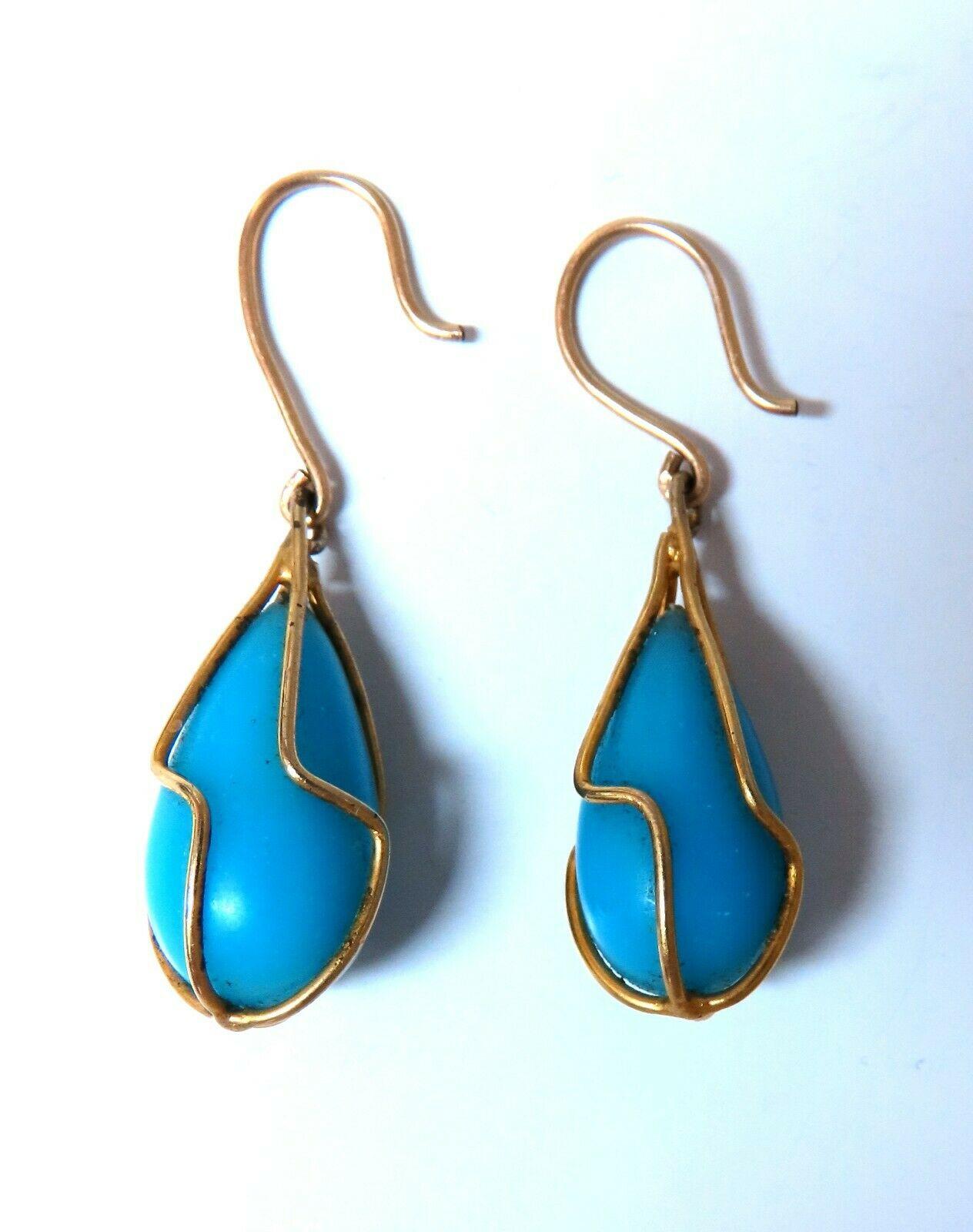 14kt Yellow Gold Turquoise Dangle Earrings In New Condition For Sale In New York, NY