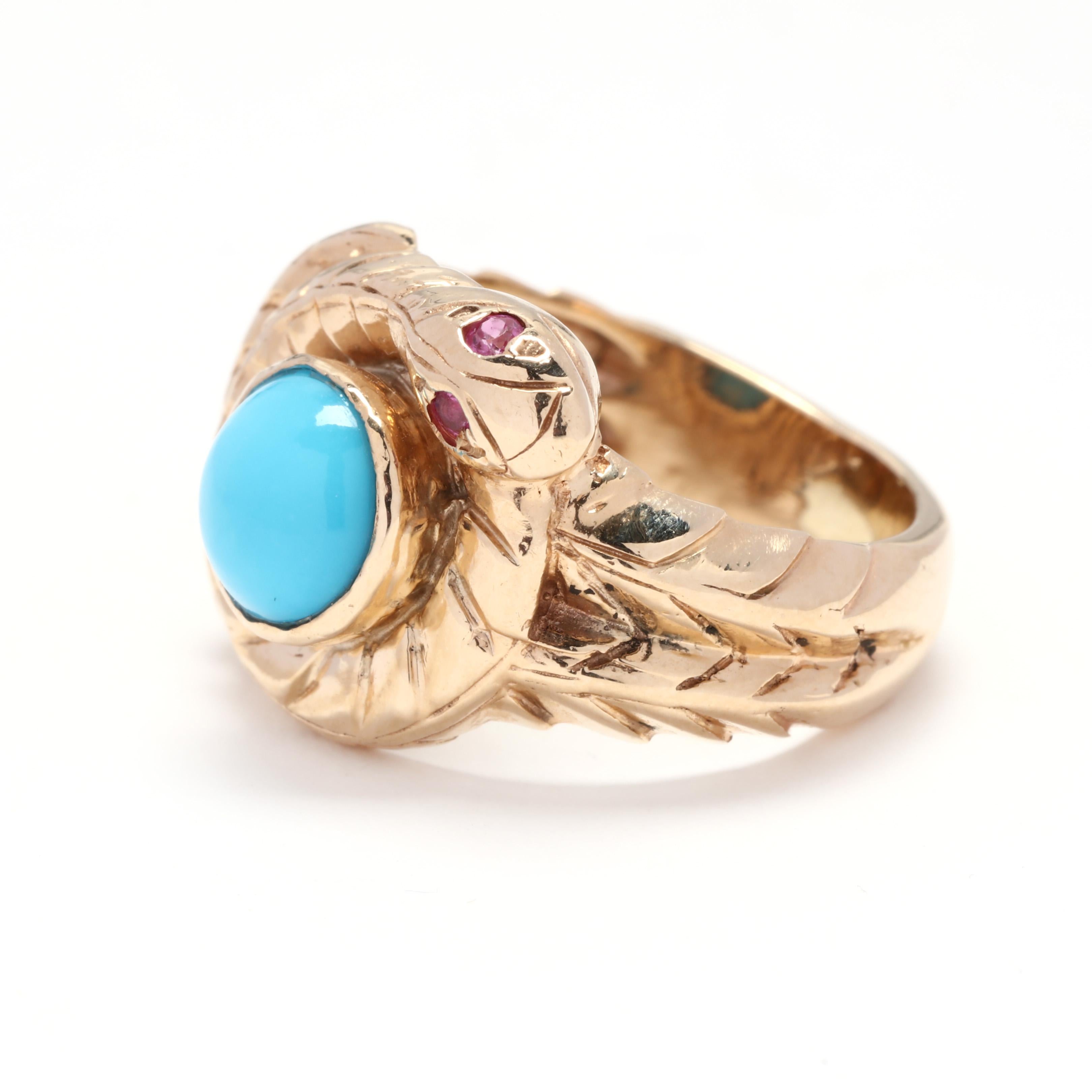 Retro 14 Karat Yellow Gold, Turquoise, Ruby Coiled Snake Ring For Sale