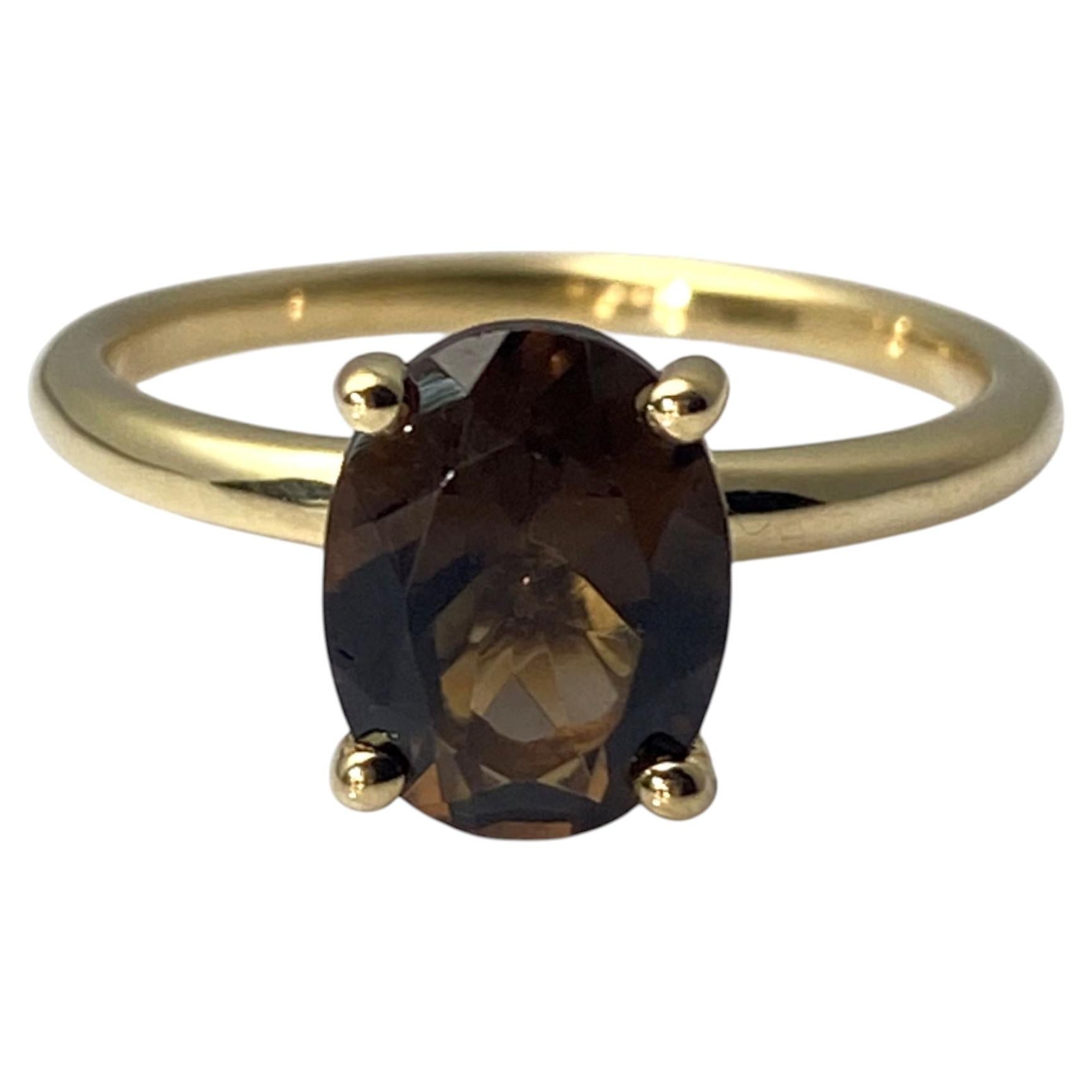 14KT Yellow Gold Victorian Oval Smoky Quartz Solitaire Ring For Sale