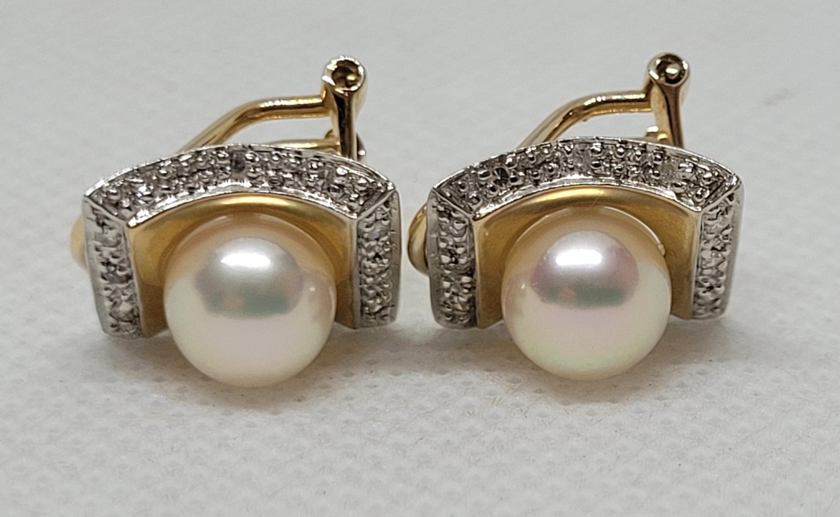 Single Cut 14kt Yellow Gold White Pearl Diamond Earrings, Clip-on Omega, .20cttw, 14x11mm For Sale