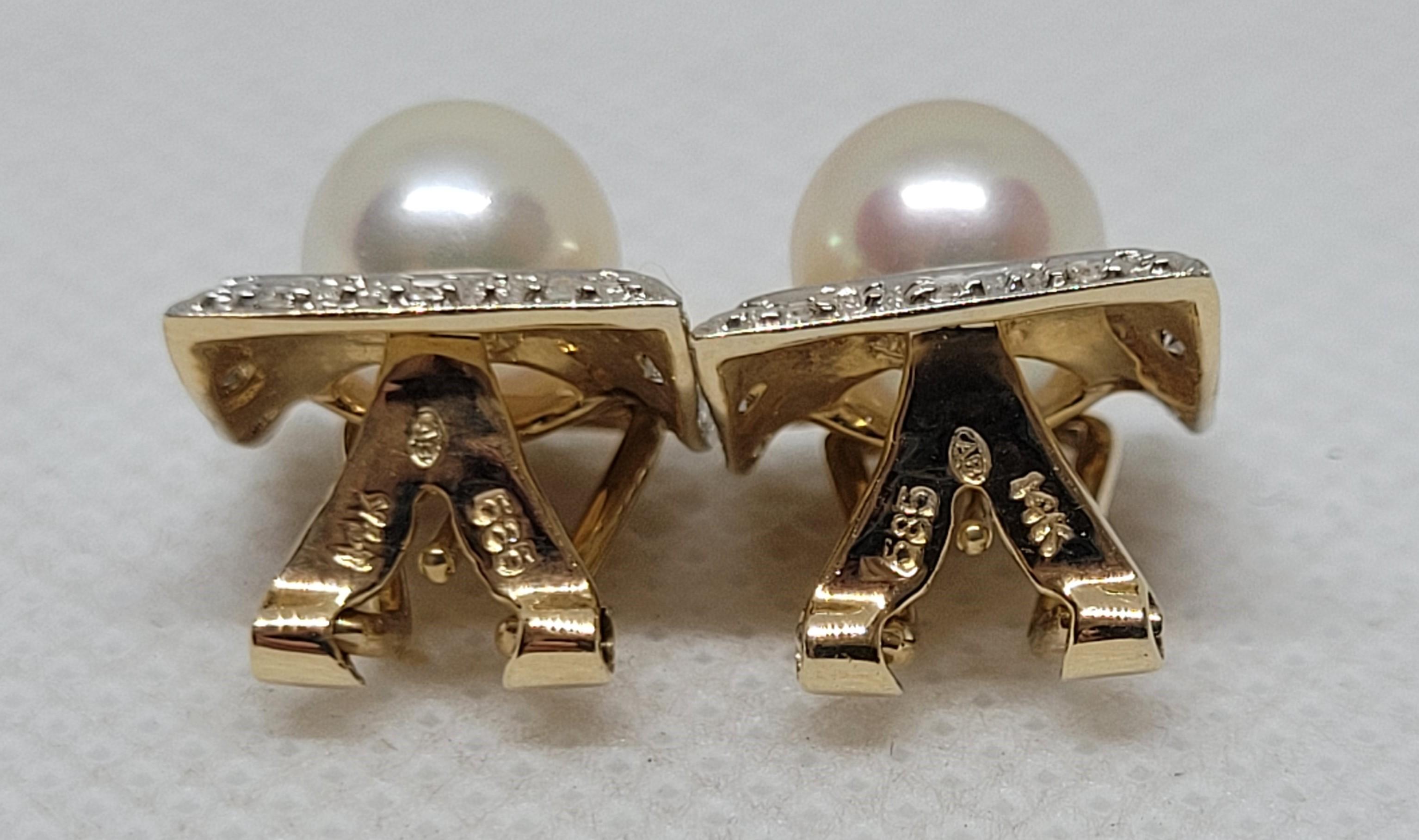 14kt Yellow Gold White Pearl Diamond Earrings, Clip-on Omega, .20cttw, 14x11mm In Good Condition For Sale In Rancho Santa Fe, CA