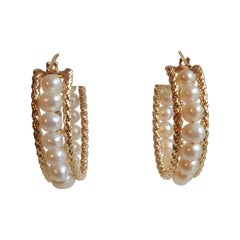 14kt Yellow Gold White Pearl Hoop Earrings, Very Good Condition, 27mm Length