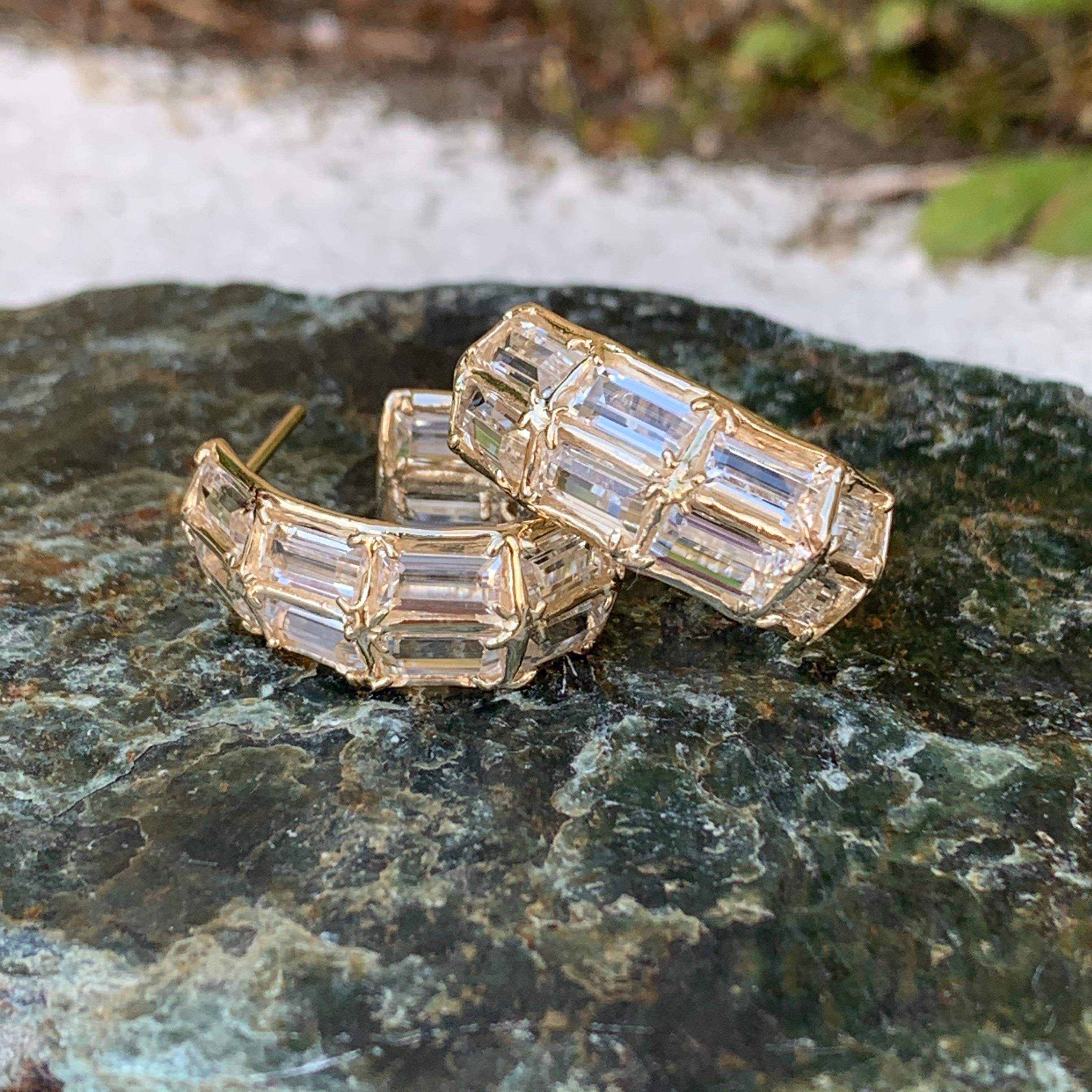 Baguette Cut 14kt yellow Gold Wide Hoop Earrings with White Topaz Baguettes For Sale