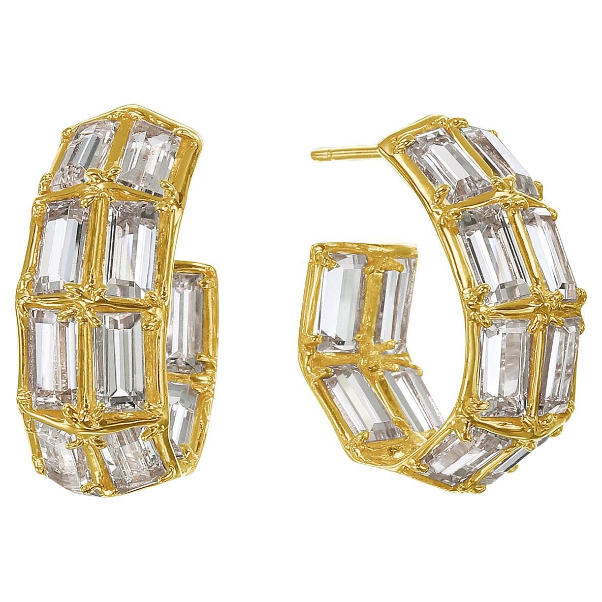 14kt yellow Gold Wide Hoop Earrings with White Topaz Baguettes For Sale