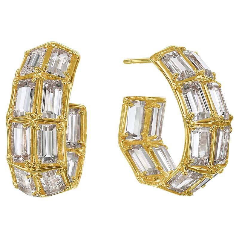 Baguette Diamond Hoop Earrings, 14KT Yellow Gold For Sale at 1stDibs