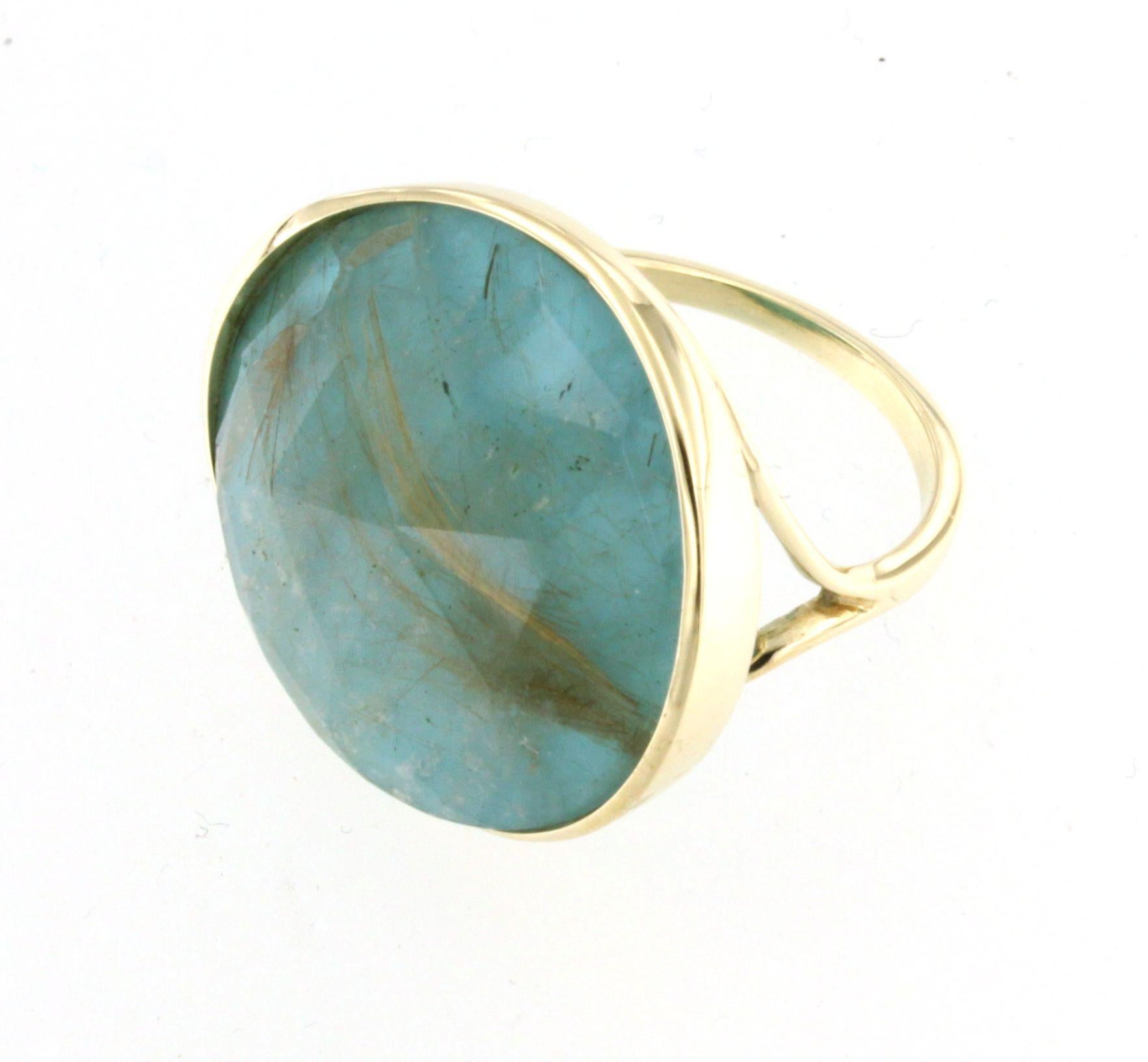 14Kt Yellow Gold with Double Quar Tourquoise Stone Modern Cocktail Fashion Ring For Sale 4