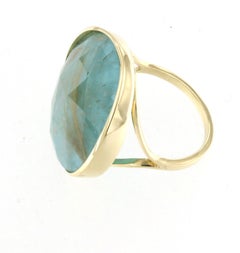 14Kt Yellow Gold with Double Quar Tourquoise Stone Modern Cocktail Fashion Ring