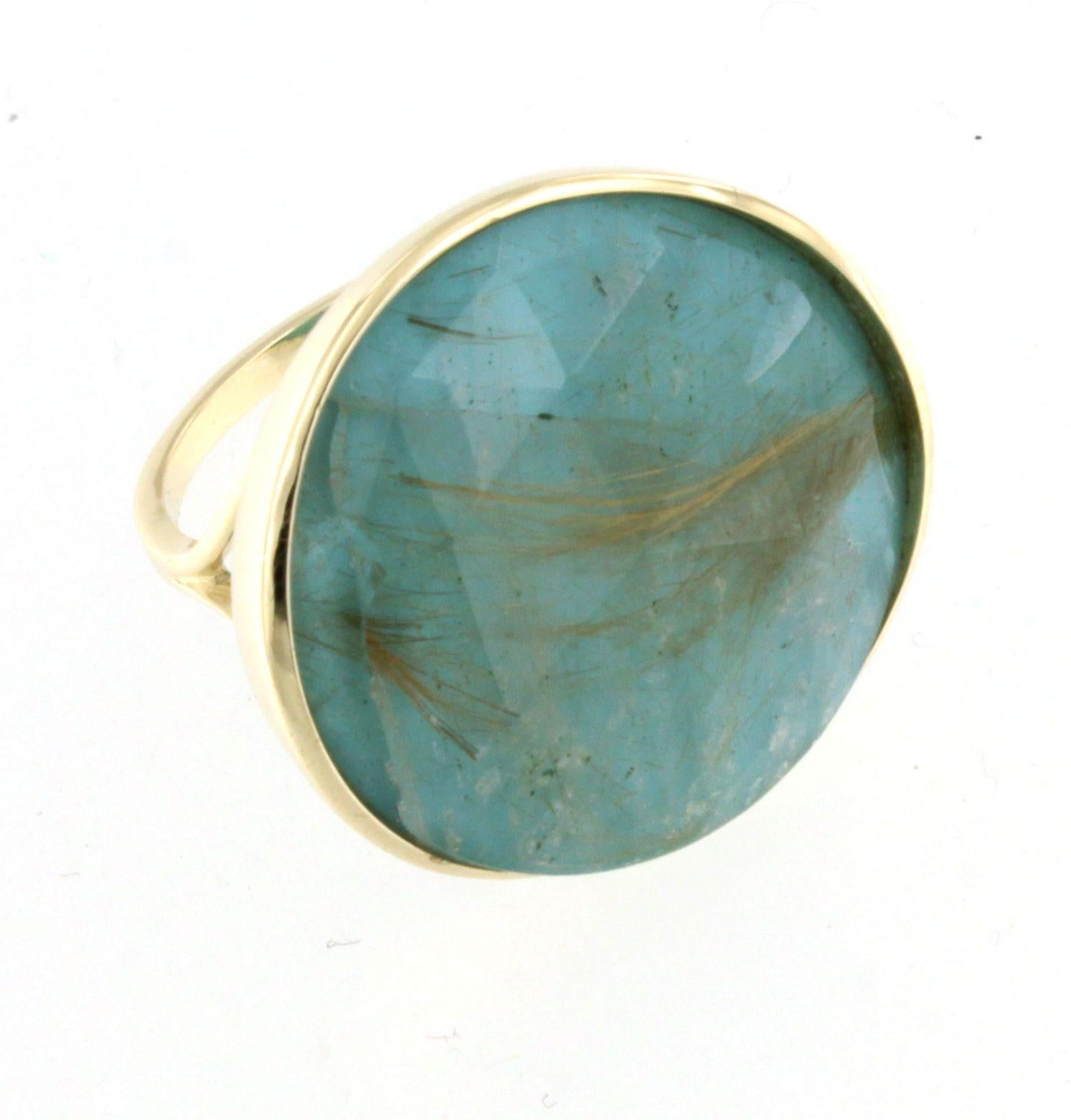 Cabochon 14Kt Yellow Gold with Double Quar Tourquoise Stone Modern Cocktail Fashion Ring For Sale