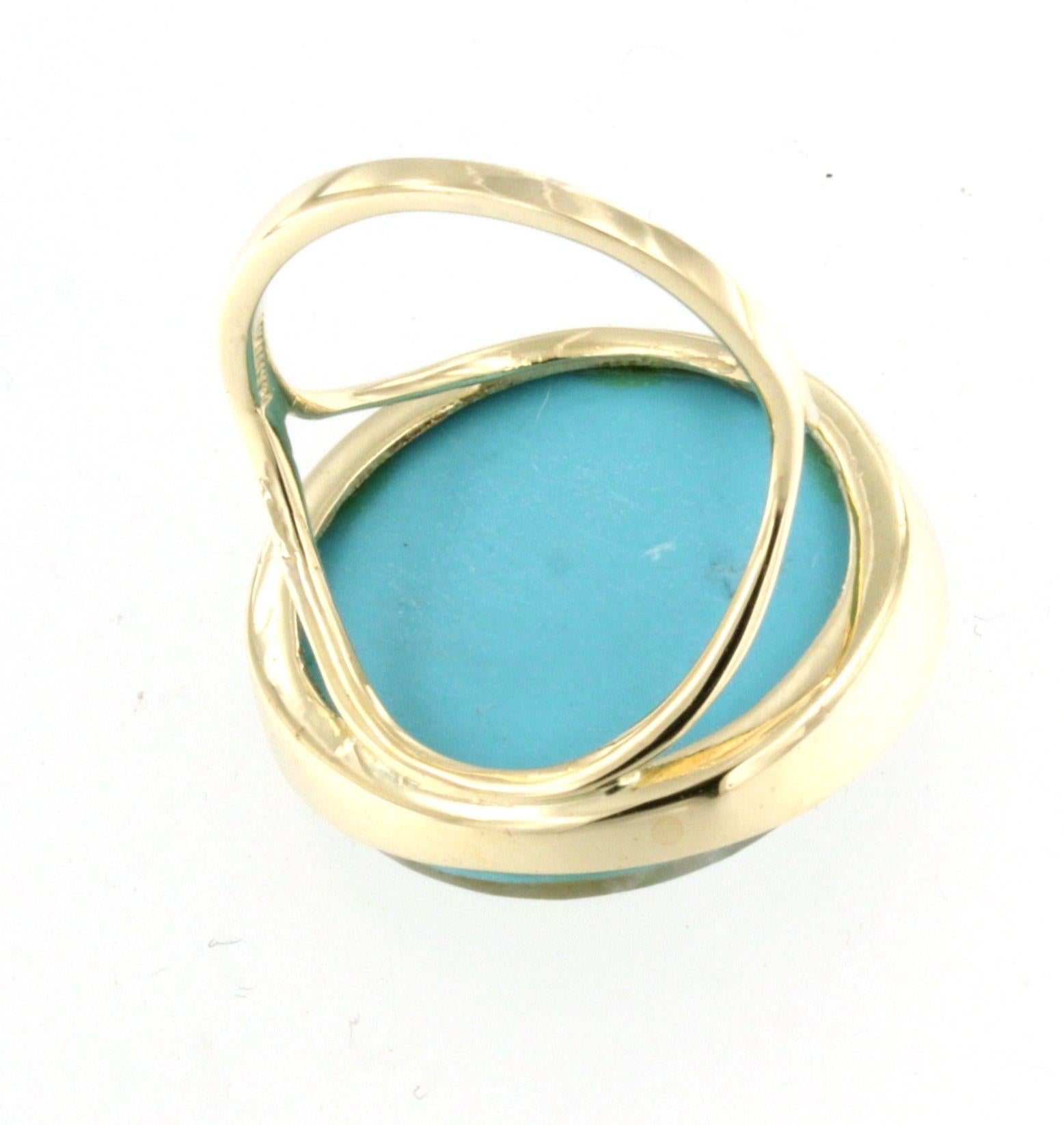 14Kt Yellow Gold with Double Quar Tourquoise Stone Modern Cocktail Fashion Ring In New Condition For Sale In GALLARATE, IT