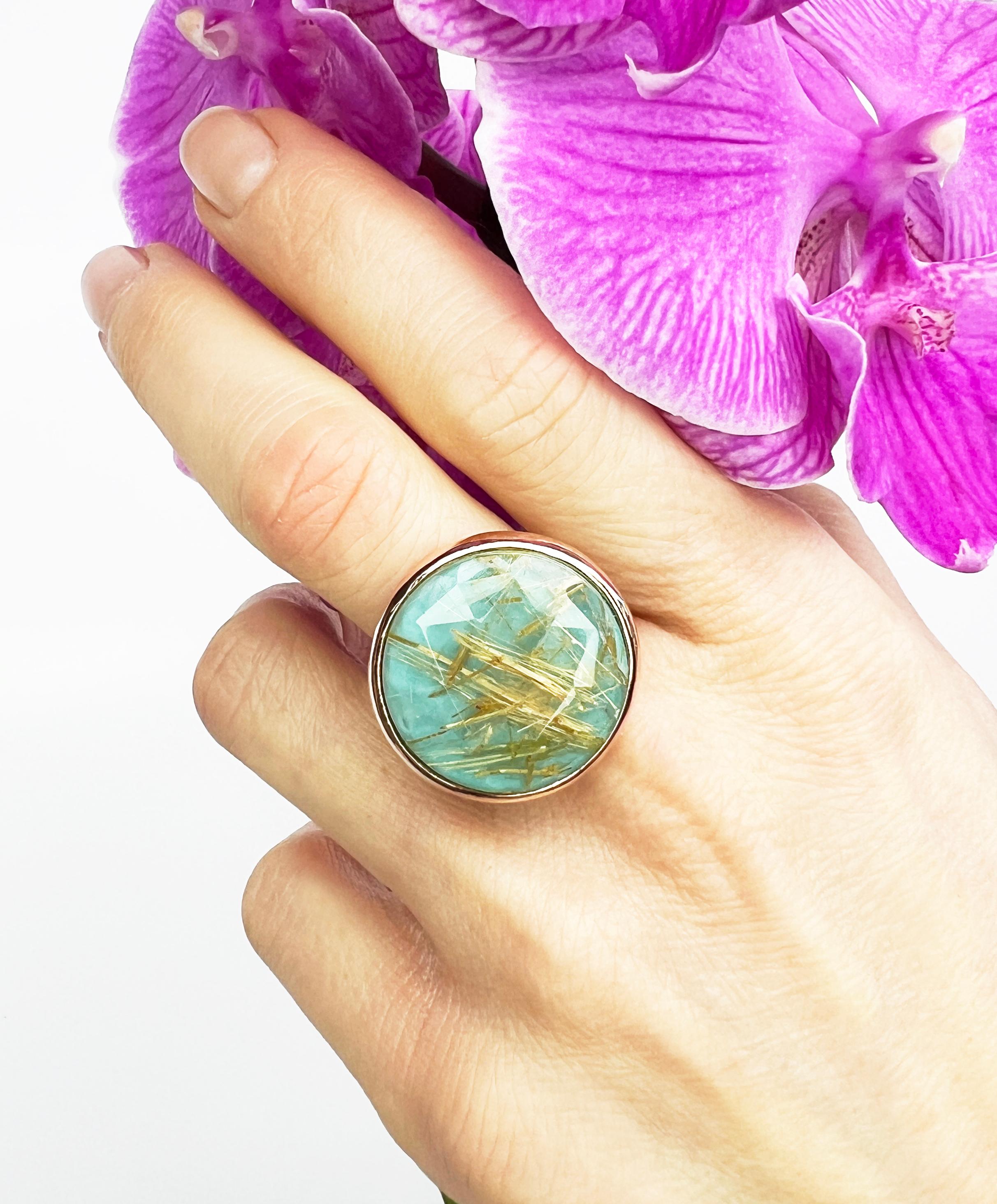 Women's or Men's 14Kt Yellow Gold with Double Quar Tourquoise Stone Modern Cocktail Fashion Ring For Sale