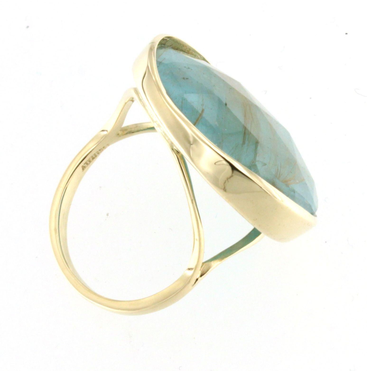 14Kt Yellow Gold with Double Quar Tourquoise Stone Modern Cocktail Fashion Ring For Sale 1