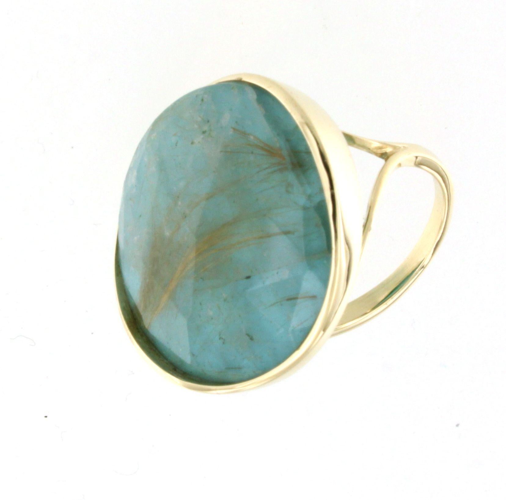 14Kt Yellow Gold with Double Quar Tourquoise Stone Modern Cocktail Fashion Ring For Sale 2