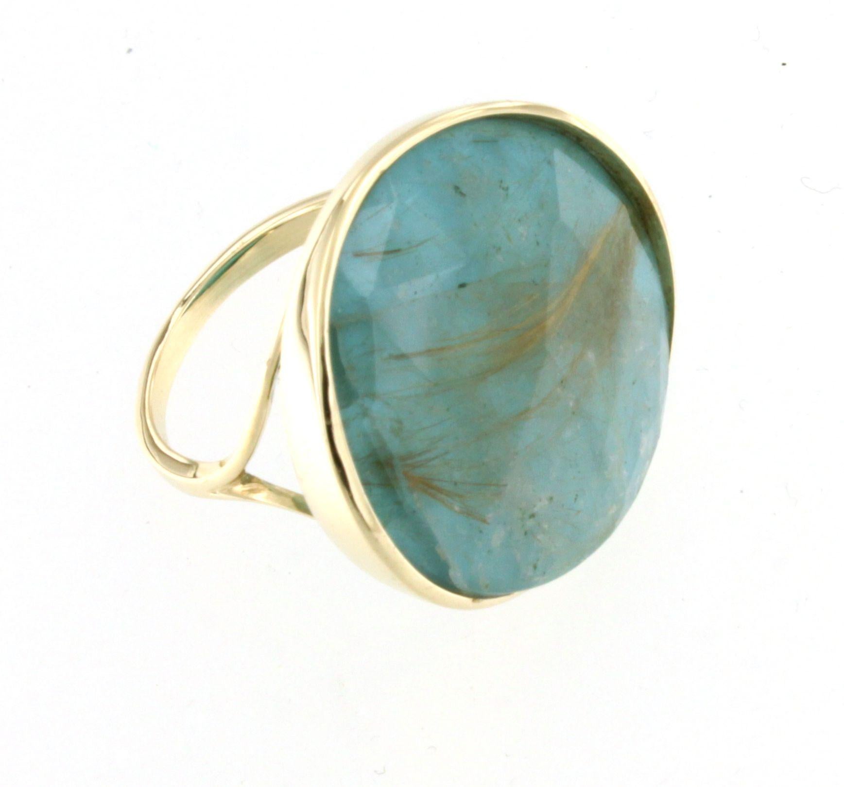 14Kt Yellow Gold with Double Quar Tourquoise Stone Modern Cocktail Fashion Ring For Sale 3