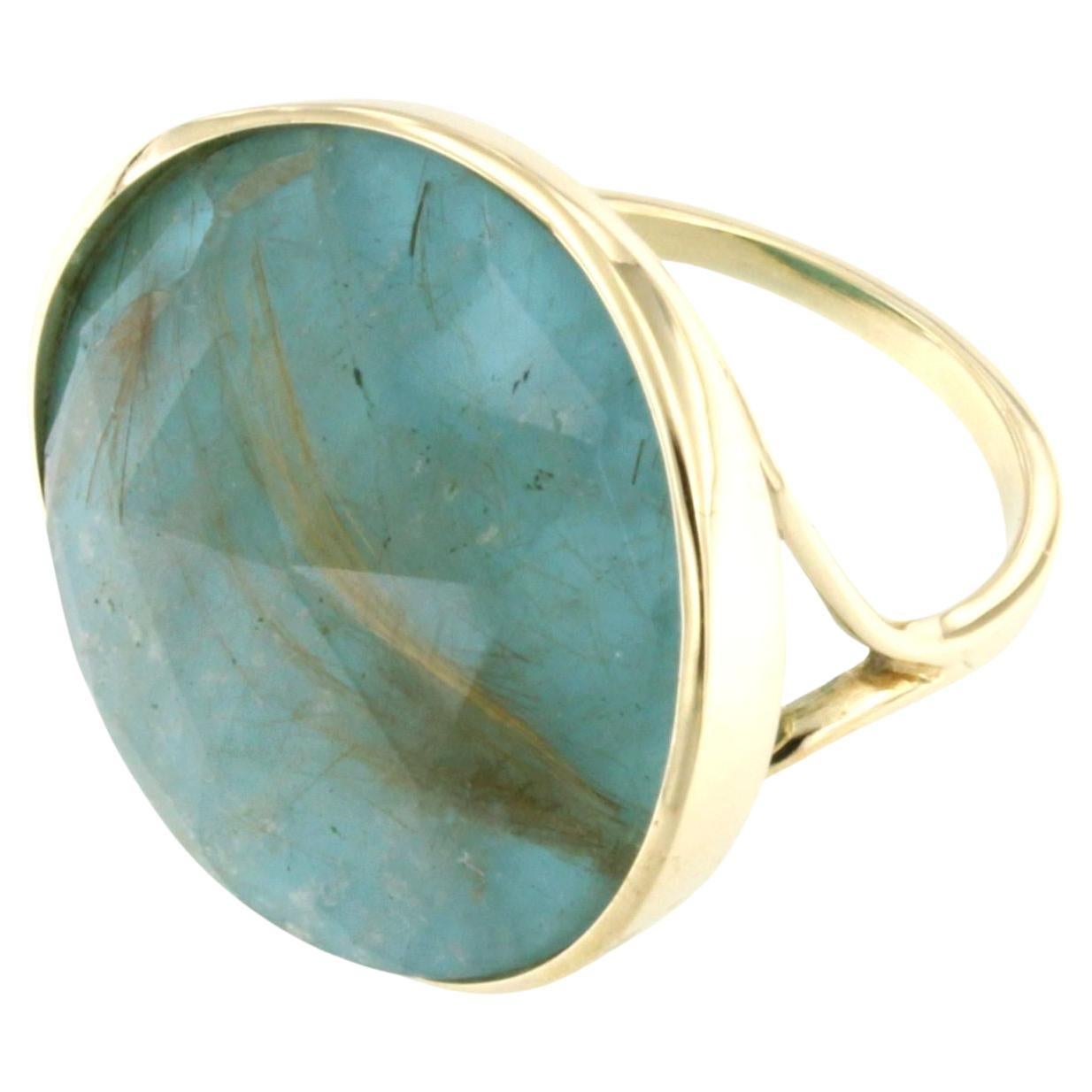 14Kt Yellow Gold with Double Quar Tourquoise Stone Modern Cocktail Fashion Ring For Sale