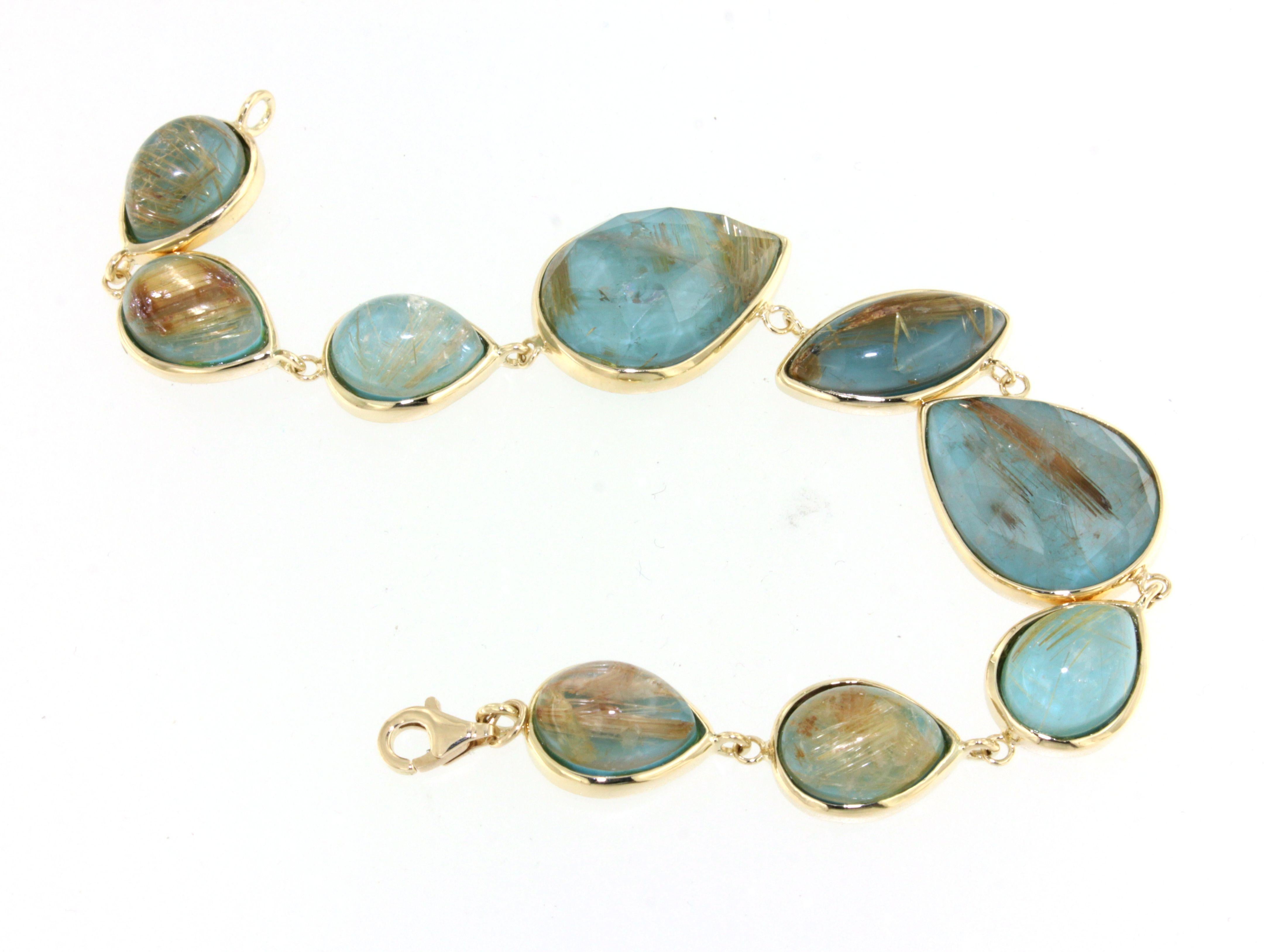 Women's or Men's 14Kt Yellow Gold with Double Tourquoise Stone Modern Fashion  Bracialet For Sale